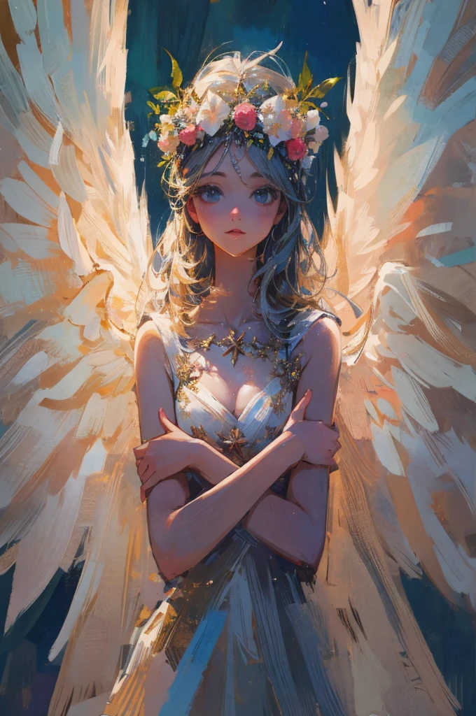 painting of a woman with wings and a flower crown, of an beautiful AngelicGirl, beautiful angel, of beautiful angel, portrait of a beautiful angel, beautiful female angel, AngelicGirl, beautiful AngelicGirl portrait, girl angel with wings, Angelic girl with wings, glowing Angelic being, Angelical, Written by Marie Angell, Lots of Angelic pictures, full body angel, Angelic