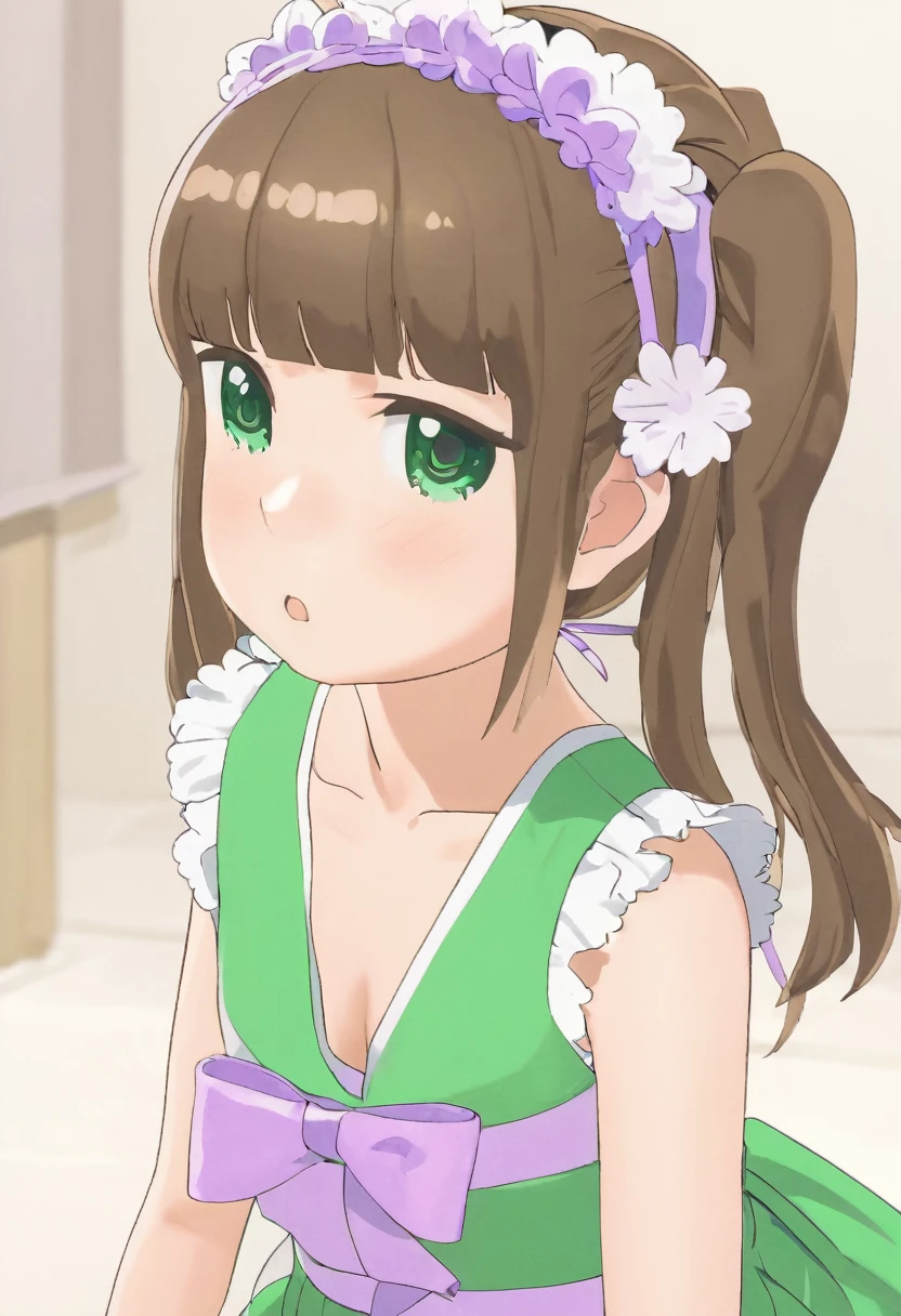 futaba,1girl,solo, brown hair, hairband, purple eyes, blush,looking at viewer, closed mouth, bangs, dress, green hairband,dress,twintails, white background, sitting, knees up, (futanari:1.7), (penis:1.35), (nipples:1.47), cute, (****:1.6), (ejaculation:1.24), (masturbating:1.2)