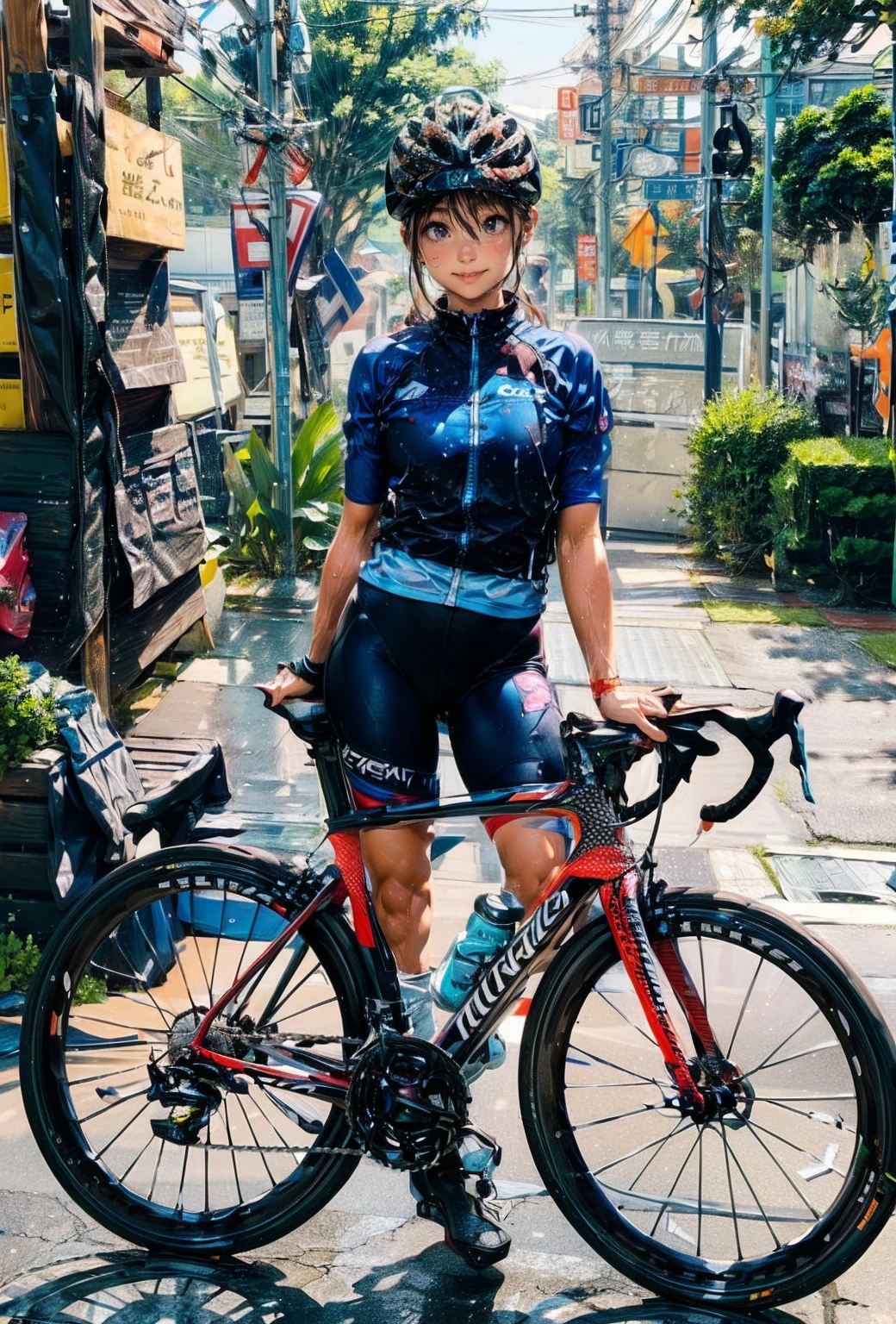NSFW、Highest quality、(Road bike)、((ride a bicycle))、No background、Smiling at the viewer、Beautiful Eyes、Beautiful Face、Delicate eyes、((Sweatで透けたスポーツウェア))、Sweat、refreshing plateau、、