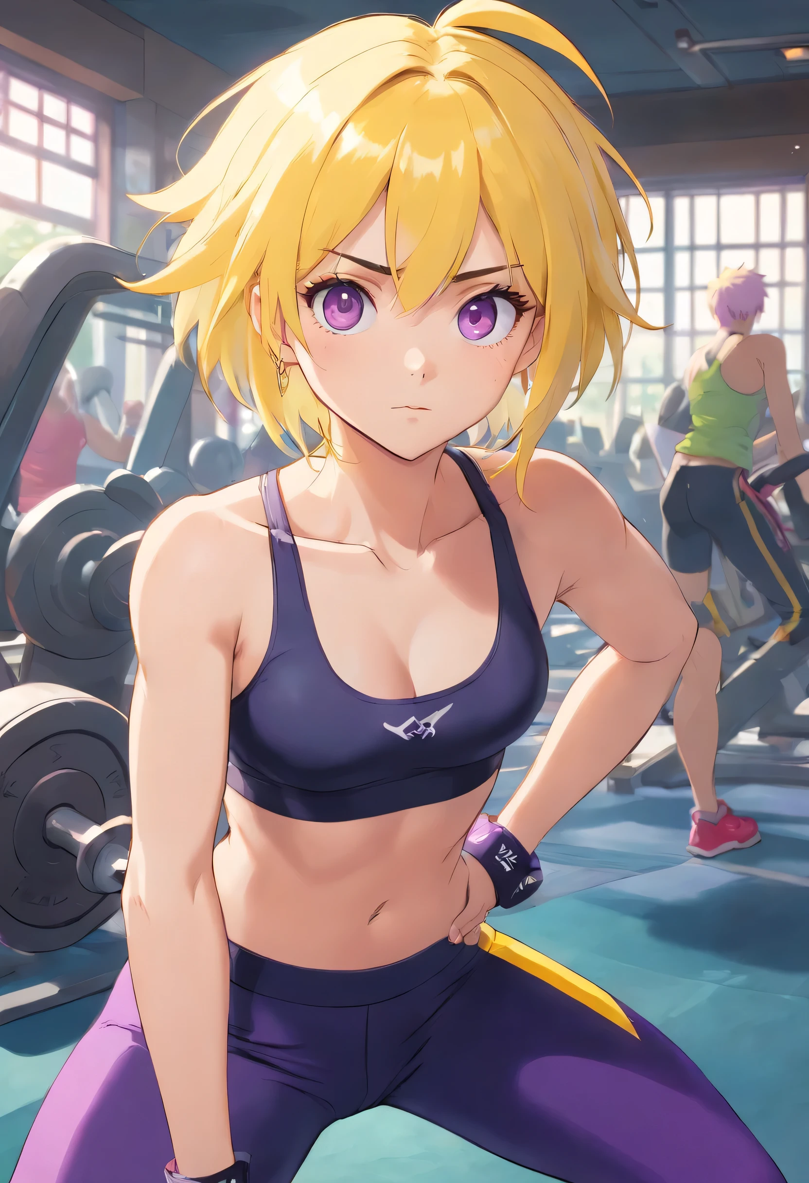 an athletic girl, flat chest, yellow hair, short messy hair, purple eyes, wearing a leggings and a sport bra,punk, tough and aggressive, at the gym 