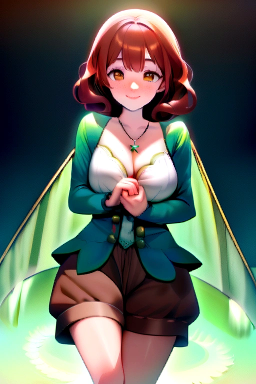 beautiful young woman with long, flowing auburn hair that cascades down her back like a chocolate waterfall. with a cute green bow and a matching black hairpin. his eyes are like shining stars, shining with curiosity and mischief. They dance with a lively intelligence, always eager to learn and explore. His nose is small and thin, Her lips are plush and pink, perpetually curved into a sweet, gentle smile that makes it impossible not to smile back.. She has a few light freckles on the bridge of her nose., which add to your natural and adorable charm. She wears a crisp white blouse with short billowy sleeves., with the buttons strained by his budding chest. on, a blue jacket with long sleeves is tied loosely around his waist, revealing a strip of smooth skin. A delicate star-shaped necklace shines between her breasts. His brown shorts have practical thigh pockets, paired with vibrant green and brown striped socks that hug her slim calves. And on her little feet are a pair of bright red shoes with white details., that perfectly complement your cheerful outfit.