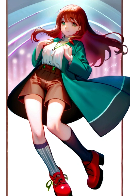 beautiful young woman with long, flowing auburn hair that cascades down her back like a chocolate waterfall. with a cute green bow and a matching black hairpin. his eyes are like shining stars, shining with curiosity and mischief. They dance with a lively intelligence, always eager to learn and explore. His nose is small and thin, Her lips are plush and pink, perpetually curved into a sweet, gentle smile that makes it impossible not to smile back.. She has a few light freckles on the bridge of her nose., which add to your natural and adorable charm. She wears a crisp white blouse with short billowy sleeves., with the buttons strained by his budding chest. on, a blue jacket with long sleeves is tied loosely around his waist, revealing a strip of smooth skin. A delicate star-shaped necklace shines between her breasts. His brown shorts have practical thigh pockets, paired with vibrant green and brown striped socks that hug her slim calves. And on her little feet are a pair of bright red shoes with white details., that perfectly complement your cheerful outfit.