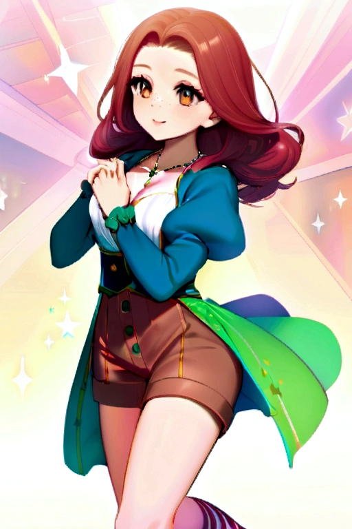 beautiful young woman with long, flowing auburn hair that cascades down her back like a chocolate waterfall. with a cute green bow and a matching black hairpin. his eyes are like shining stars, shining with curiosity and mischief. They dance with a lively intelligence, always eager to learn and explore. His nose is small and thin, Her lips are plush and pink, perpetually curved into a sweet, gentle smile that makes it impossible not to smile back.. She has a few light freckles on the bridge of her nose., which add to your natural and adorable charm. She wears a crisp white blouse with short billowy sleeves., with the buttons strained by his budding chest. on, a blue jacket with long sleeves is tied loosely around his waist, revealing a strip of smooth skin. A delicate star-shaped necklace shines between her breasts. His brown shorts have practical thigh pockets, paired with vibrant green and brown striped socks that hug her slim calves. And on her little feet are a pair of bright red shoes with white details., that perfectly complement your cheerful outfit.