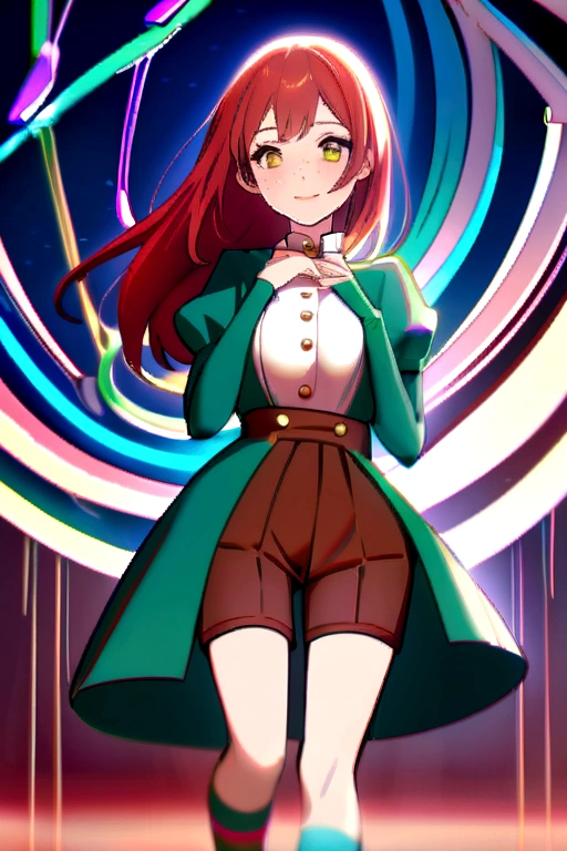 beautiful young woman with long, flowing auburn hair that cascades down her back like a chocolate waterfall. with a cute green bow and a matching black hairpin. his eyes are like shining stars, shining with curiosity and mischief. They dance with a lively intelligence, always eager to learn and explore. His nose is small and thin, Her lips are plush and pink, perpetually curved into a sweet, gentle smile that makes it impossible not to smile back.. She has a few light freckles on the bridge of her nose., which add to your natural and adorable charm. She wears a crisp white blouse with short billowy sleeves., with the buttons strained by his budding chest. on, a blue jacket with long sleeves is tied loosely around his waist, revealing a strip of smooth skin. A delicate star-shaped necklace shines between her breasts. His brown shorts have practical thigh pockets, paired with vibrant green and brown striped socks that hug her slim calves. And on her little feet are a pair of bright red shoes with white details., that perfectly complement your cheerful outfit.