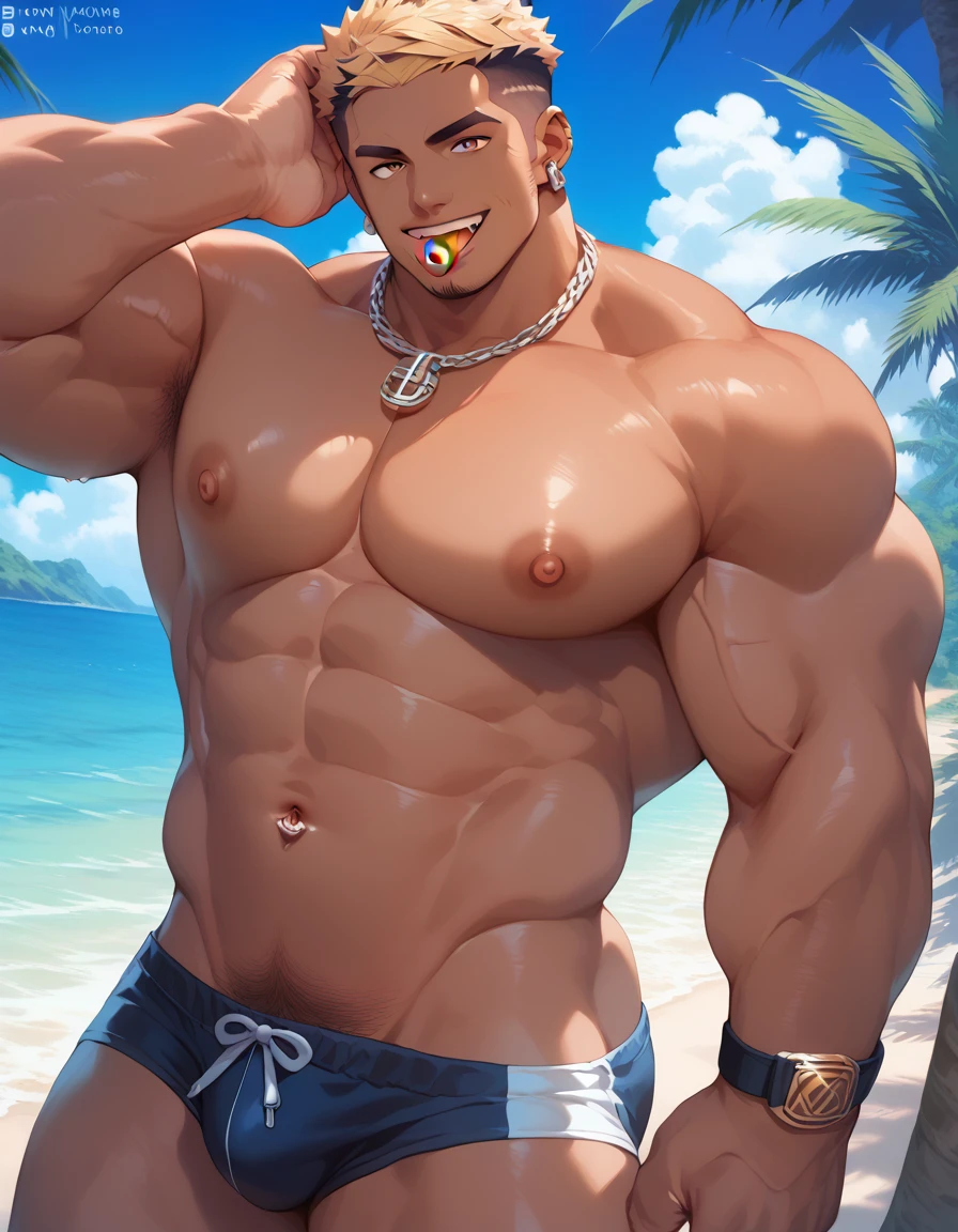 score_9, score_8, score_7, 8K,masterpiece, detailed, source_anime, (hyperdetailed face),(Ultra-detailed eyes)、 {{masterpiece, Best Quality, Highly detailed}}、(Detailed: 1.2), (Very detailed and beautiful: 1.1)、40 yo daddy, gay, bara, solo male, mature male, muscular, dark skin, blond hair, manly, gaudy, soft smile, pierced earrings, crew cut hair, tongue piercing, Yankee, beach, sexy men's swimwear