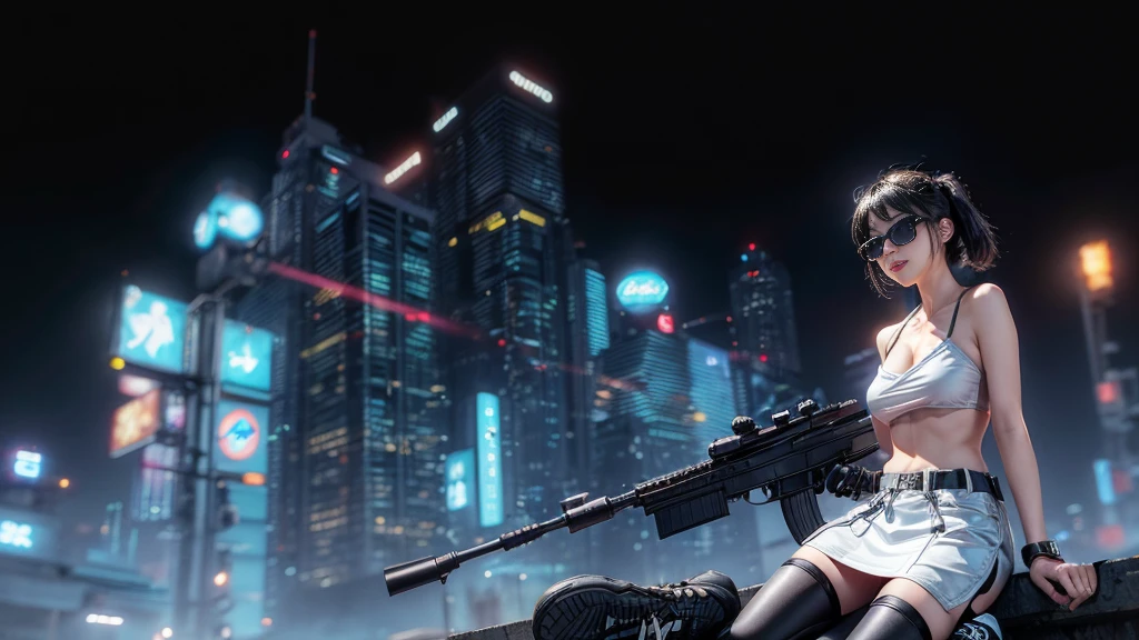 8k, Realistic Skin Texture, Realistic Photo, Neo Tokyo, slim Japanese women, large-breast:1.3 cleavage:1.2, AD2050 at night, Dirty hunting jacket, Wearing tube top, miniskirt, (((black sunglasses, automatic rifle, sneakers, cold, shooting pose, low angle view))), Innovative composition, revenge, cyberpunk, blade runner worldview, Large neon sign, Geisha hologram sign, Strong Wakamoto Sign.