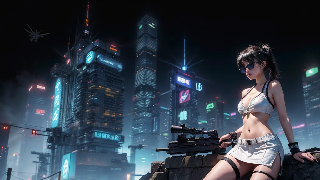 8k, Realistic Skin Texture, Realistic Photo, Neo Tokyo, slim Japanese women, large-breast:1.3 cleavage:1.2, AD2050 at night, Dirty hunting jacket, Wearing tube top, miniskirt, (((black sunglasses, automatic rifle, sneakers, cold, shooting pose, low angle view))), Innovative composition, revenge, cyberpunk, blade runner worldview, Large neon sign, Geisha hologram sign, Strong Wakamoto Sign.