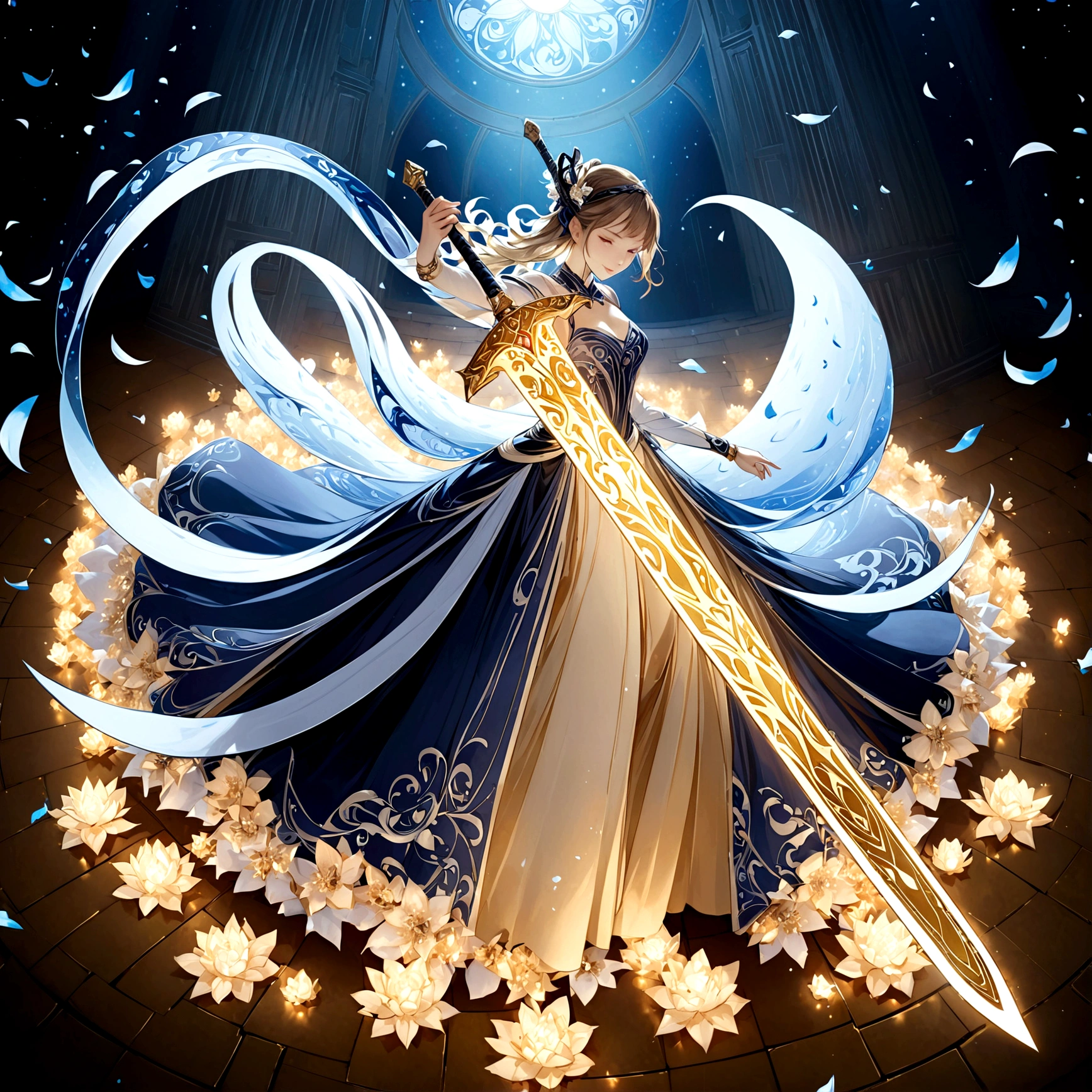 (((Overhead View:1.9))),solo,Panorama,telephoto lens, abstract background, official art, extremely detailed CG unity 8k wallpaper, highly detailed, female, elf, ribbon, bracelet, drop earrings, jewelry, wedding dress, holding (((((glowing greatsword)))), theater, stain glass, genshin impact, (Posing dynamic action:1.4), Dark blue silk dress, Gold luminous skirt, Blue petals flying, Cold light tone, illustration, ((art nouveau)), masterpiece, best quality,Slashing action,Wield a giant sword,Unparalleled momentum,