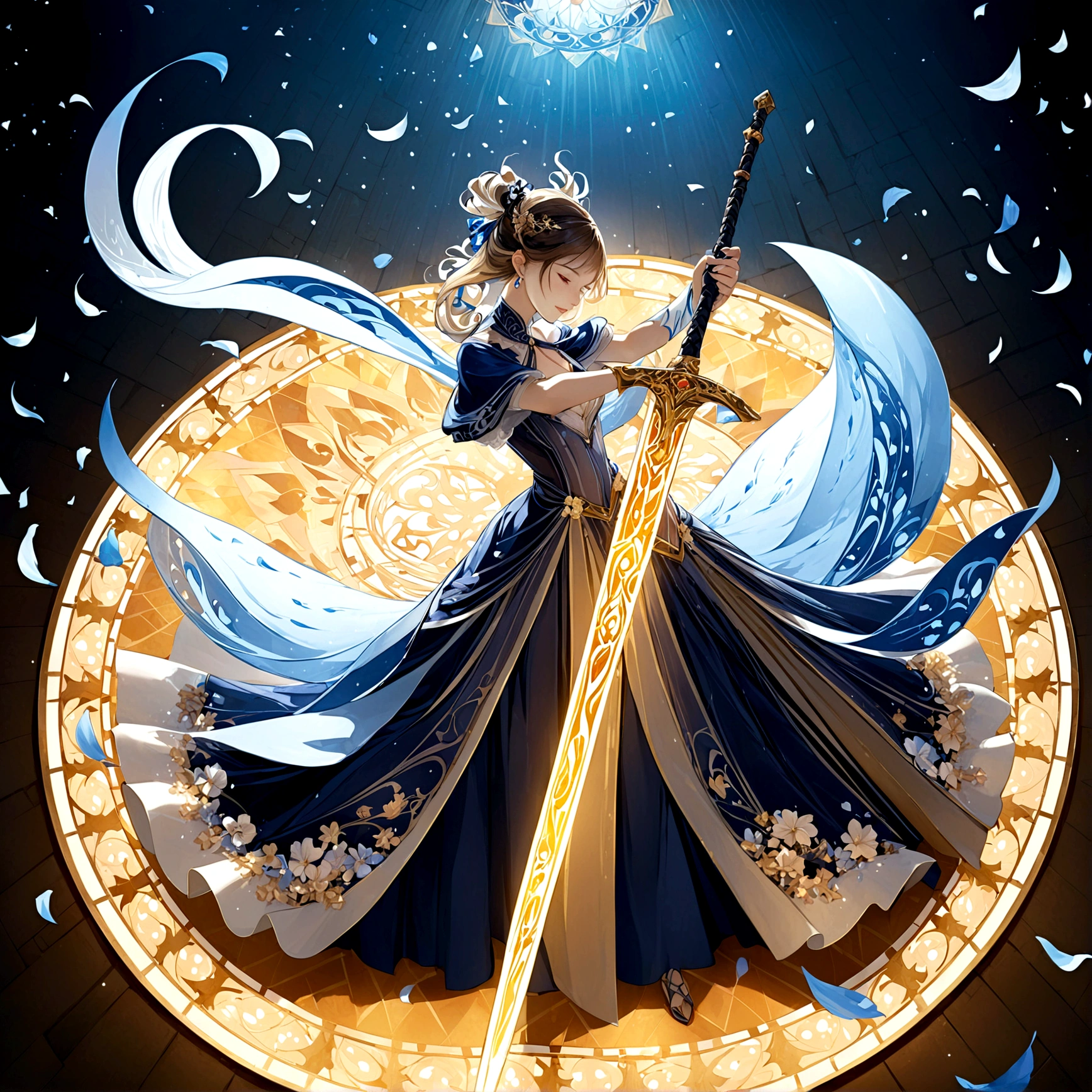 (((Overhead View:1.9)))，solo，Panorama，telephoto lens, abstract background, official art, extremely detailed CG unity 8k wallpaper, highly detailed, female, elf, ribbon, bracelet, drop earrings, jewelry, wedding dress, holding (((((glowing greatsword)))), theater, stain glass, genshin impact, (Posing dynamic action:1.4), Dark blue silk dress, Gold luminous skirt, Blue petals flying, Cold light tone, illustration, ((art nouveau)), masterpiece, best quality，Slashing action，Wield a giant sword，Unparalleled momentum，