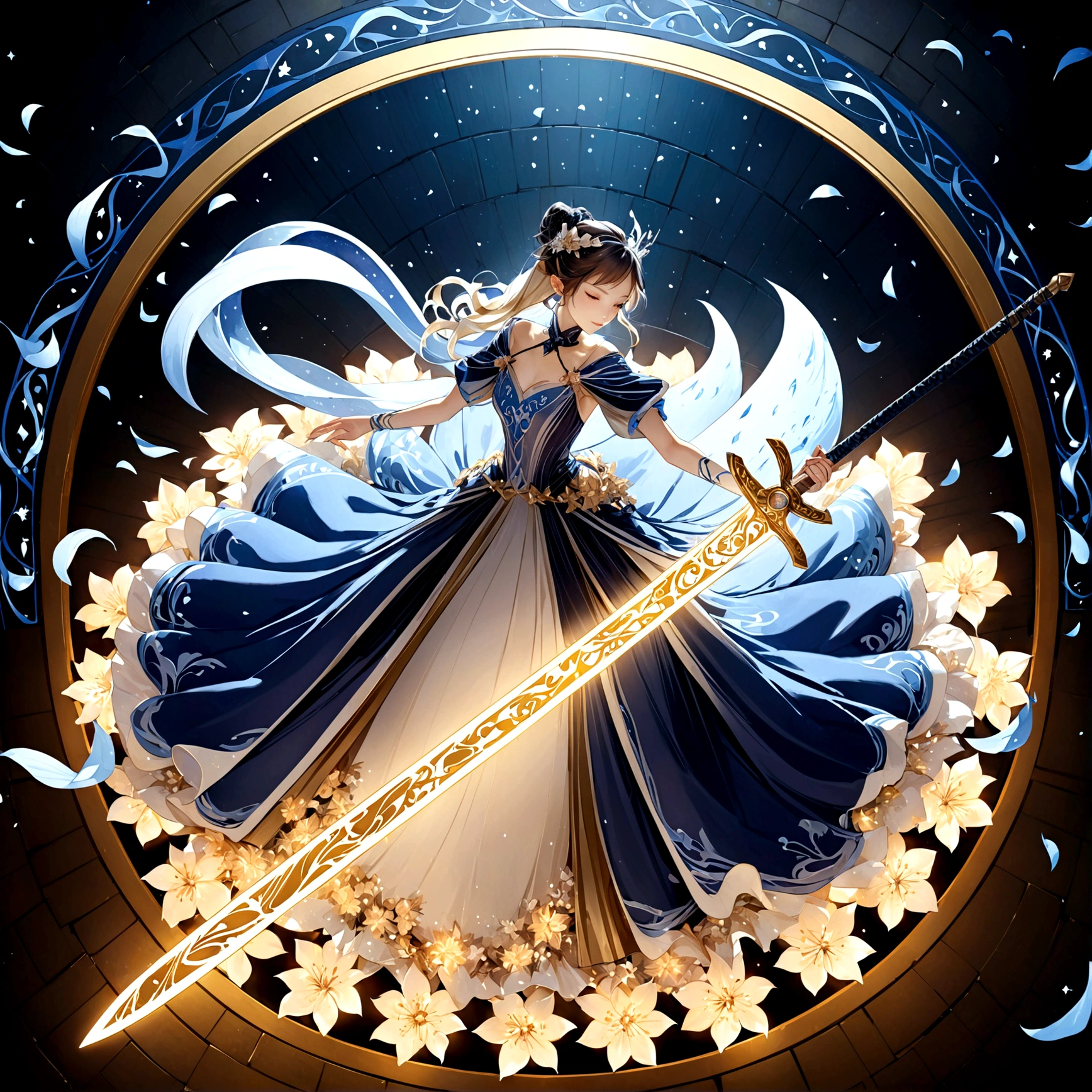 (((Overhead View:1.9))),solo,anatomical correct,Panorama,telephoto lens, abstract background, official art, extremely detailed CG unity 8k wallpaper, highly detailed, female, elf, ribbon, bracelet, drop earrings, jewelry, wedding dress, holding (((((glowing greatsword)))), theater, stain glass, genshin impact, (Posing dynamic action:1.4), Dark blue silk dress, Gold luminous skirt, Blue petals flying, Cold light tone, illustration, ((art nouveau)), masterpiece, best quality,Slashing action,Wield a giant sword,Unparalleled momentum,