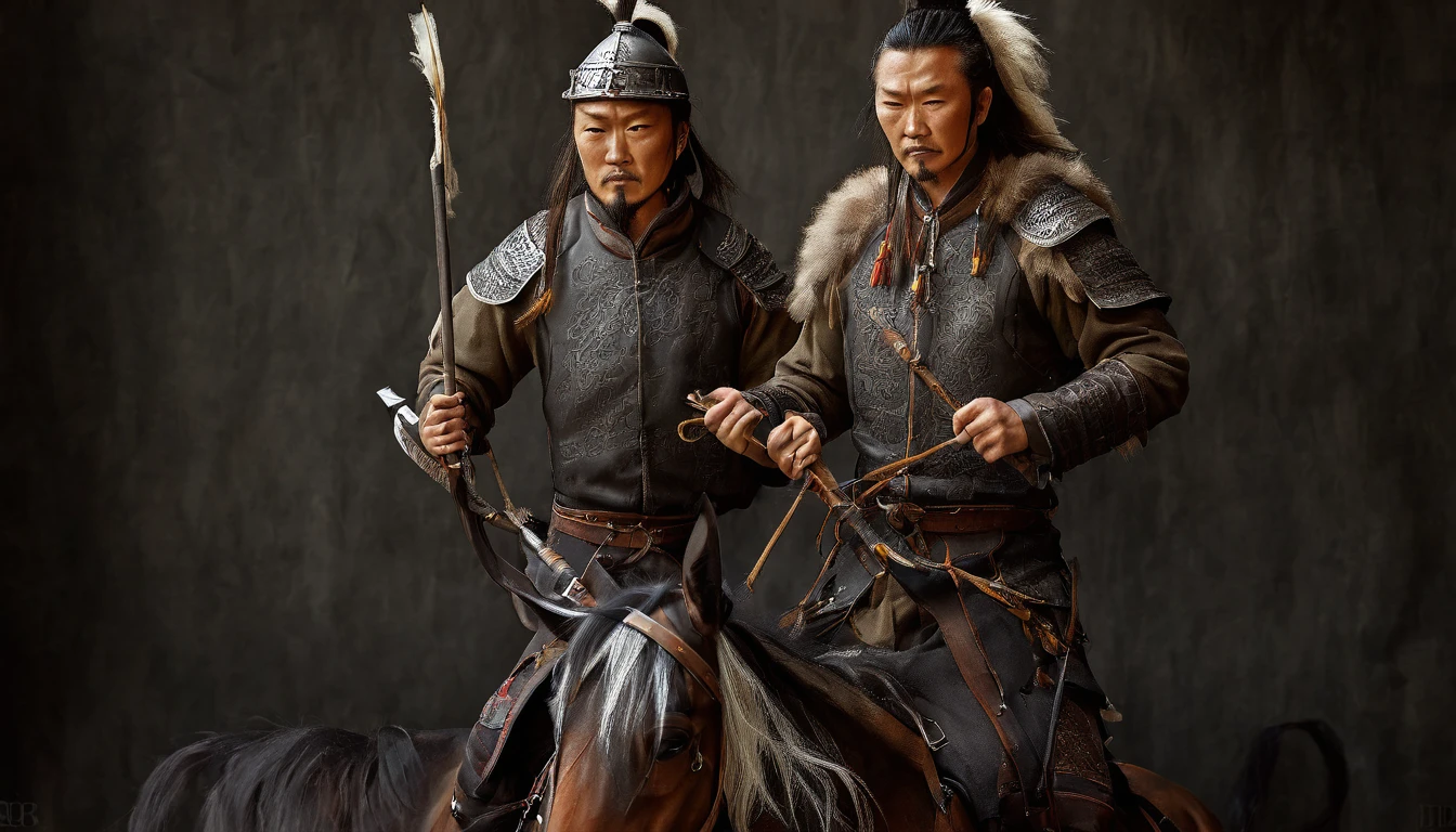 General Kraus, Wearing leather armor、Brown leather protective gear,Holding a Mongolian scimitar, Highly detailed characters, Mongolian man with high cheekbones,Clear and refined face,Mongolian Cavalry,The generals of the Ming Dynasty had white tassels or feathers on their helmets,Norse epic hero, Muscular man with war god tattoo, Riding on horseback, Portrait photography style,Light, (Extremely detailed CG 8k wallpaper), The most beautiful works of art in the world - full body photos, original皮甲, Mongolian small shield,Human Portrait, hunter, Animal hides,brutal,original, macho man, Ed Blinkey (Ed Blinkey) Magnificent professional oil paintings created, Artie Guerlain, Studio Ghibli, Courtesy of Jeremy Mann, Greg Manches, Antonio Moro, Art Station Trends, Social Trends, Wheels within wheels, High Detail, sharp focus, Dramatic and realistic art by Midjourney and Greg Rutkowski, Horse has armor,Charge and Slash