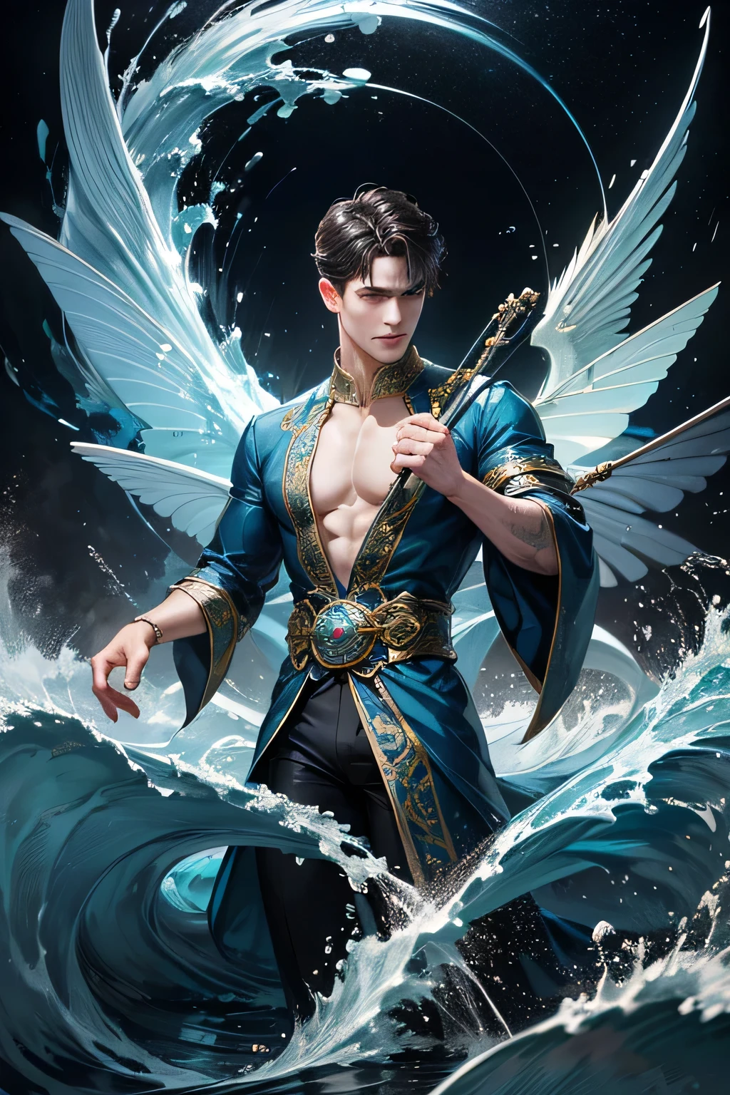 "Create an ultra-realistic image of a strikingly handsome male fairy with large, graceful wings that reflect the essence of water and waves. He should be holding a water staff that radiates the energy of flowing water. Dress him in an elegant, dark blue outfit that captures the depth and mystery of the ocean. Surround him with elements of water, such as dynamic waves and cascading waterfalls, to highlight his connection to this element. Include a distinct water symbol or design on his body, indicating his role as the keeper of water and the deep ocean, showcasing the powerful aquatic energy he embodies within him."