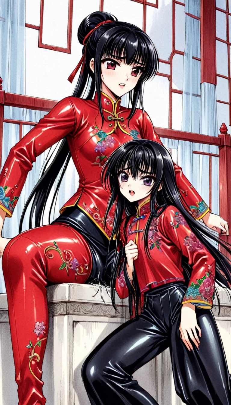 A tragic historical drama in 8k live-action style: Beautiful palace secrets　Beautiful 10 year old Chinese Kung Fu girl Hime with short black hair is forced to wear excrement pants　Gorgeous embroidery, Ultra glossy, She is wearing a shiny red top and bottom long sleeve floral pajama kung fu suit....　　　