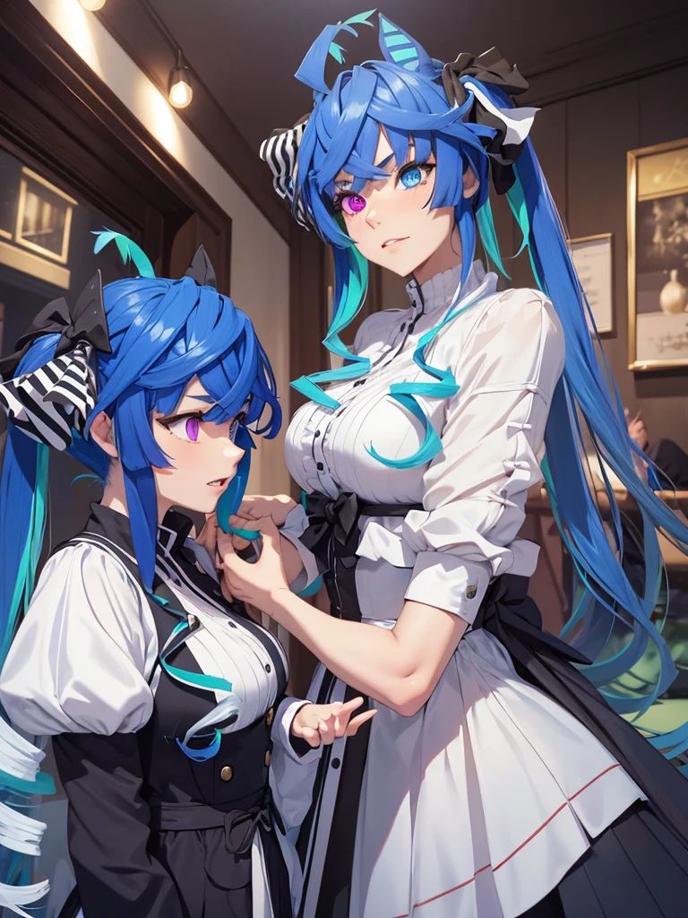 (masterpiece、top-quality、hight resolution), A meeting scene set up through a dating site. The protagonist is surprised to see a kind and elegant married woman approaching him. She is dressed in fine, sophisticated clothing, smiles warmly, and addresses the protagonist using her dating site username. They are in a cozy café or park. There is a sense of unexpectedness and the awkwardness of being about to be raped by this person. nsfw, Twin_Turbo_Umamusume, aqua hair, twintails, heterochromia, purple eyes, blue eyes, sharp teeth,