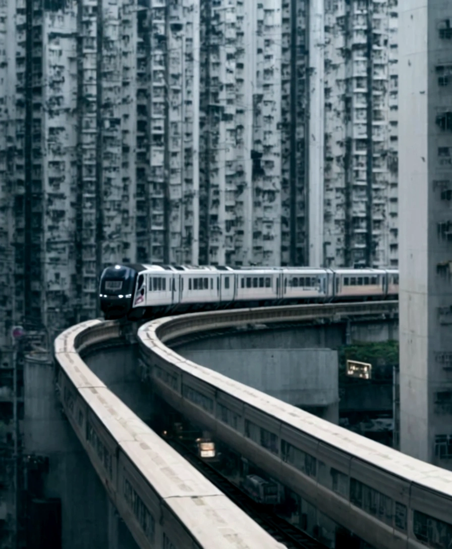 araffature of the train on the track in the city, By Patrick Cheng, Cyberpunk elevated train, A city like Hong Kong, By Jason Chan, urban city photography, In Hong Kong, Shipping across the city, By Fabian Scharau, By Fei Danxo, Reminiscent of Blade Runner, Interesting composition, Monorail, Like a scene from Blade Runner