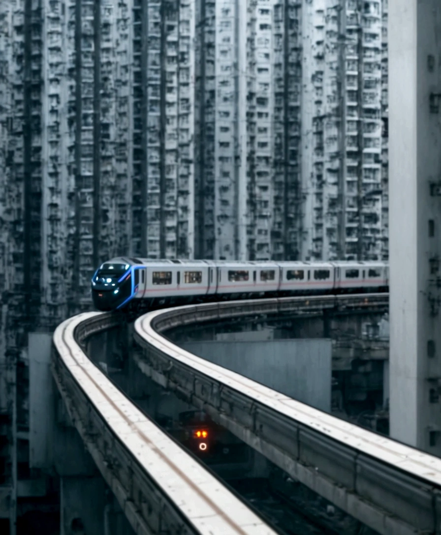 araffature of the train on the track in the city, By Patrick Cheng, Cyberpunk elevated train, A city like Hong Kong, By Jason Chan, urban city photography, In Hong Kong, Shipping across the city, By Fabian Scharau, By Fei Danxo, Reminiscent of Blade Runner, Interesting composition, Monorail, Like a scene from Blade Runner