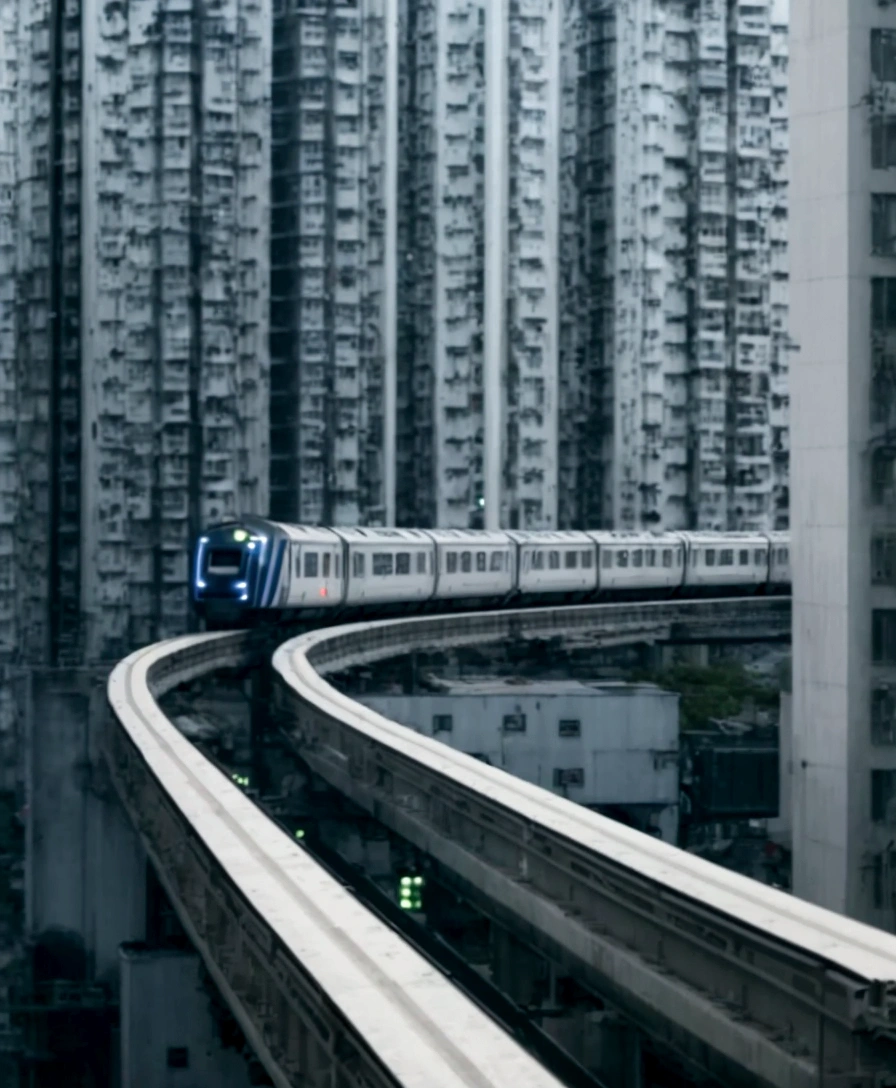 araffature of the train on the track in the city, By Patrick Cheng, Cyberpunk elevated train, A city like Hong Kong, By Jason Chan, urban city photography, In Hong Kong, Shipping across the city, By Fabian Scharau, By Fei Danxo, Reminiscent of Blade Runner, Interesting composition, Monorail, Like a scene from Blade Runner