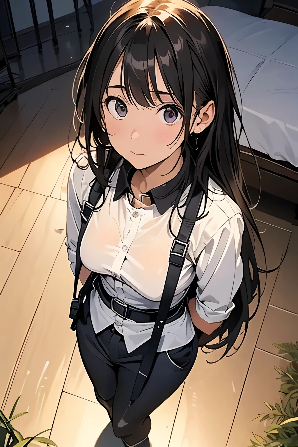 high quality, masterpiece, Ultra-high resolution, (realism: 1.4), Oil painting style, Cinema Lighting, An endless grassland dotted with a few houses, I stood on the empty asphalt road and looked at it., Fairy Mountain々was shrouded in mist, And the suspenders with the cranes flying　　　Moderate breasts　 　 　　　　Small face　 　　　holster　　　　　　　 Lying in bed　Looking up　　　　Sweat 　　　belt　summer　脇Sweat 　Black Hole Gloves　suit　shirt　　Black jacket　 Black trousers　Leg Links　ズボンにbelt　　holster　 　　Hands behind your back　 Anxious expression　Looking up　Anxious face