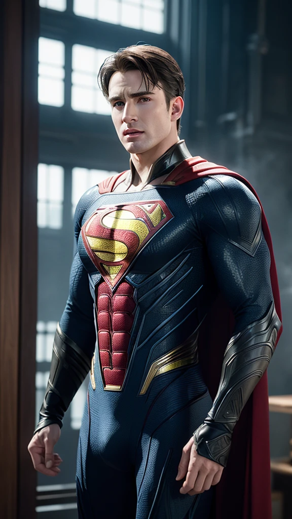 ((masterpiece)), ((best quality)), NVIDIA RTX, intricate details, cinematic lights, reflection lights details, perfect face anatomy, Chris Evans as Superman, futuristic Superman suit, full body