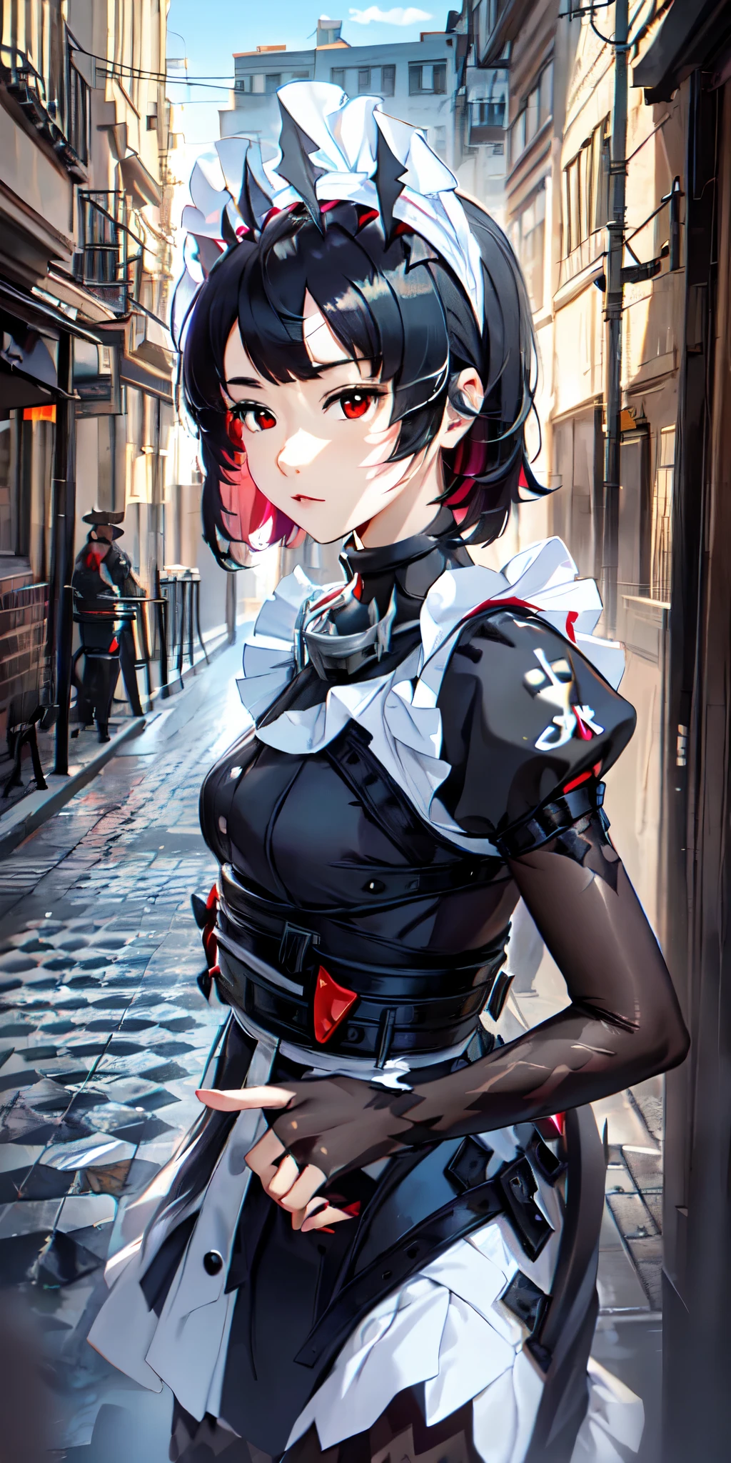 Anti-Joe, Ugly Joe, Black Hair, Colored undercoat, multicoloRed hair, (Red Eyes:1.3), Red hair, short hair, Two-tone hair,
rest bapron, black Pantyhose, black shirt, black skirt, ear punching, arrive, fish Tail, maid, maid apron, maid headdress, Pantyhose, punching, puffy Short sleeve, Puff sleeves, Shark Girl, shark Tail, shirt, Short sleeve, skirt, Tail, Two-tone hair, Wrist sleeves,
rest outdoors, City, Sky, cloud, sun, architecture, crowd, people, alley,
rest looking at viewer, (Cowboy shooting:1.5),
rest (masterpiece:1.2), best quality, high resolution, Unity 8K wallpaper, (illustration:0.8), (beautiful deTailed eyes:1.6), extremely deTailed face, Perfect lighting, extremely deTailed CG, (Perfect hands, Perfect anatomical structure),