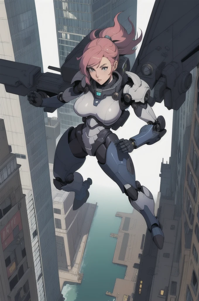 1girl, mecha, city, full body, floating, pov, from above, power armor, dynamic pose,