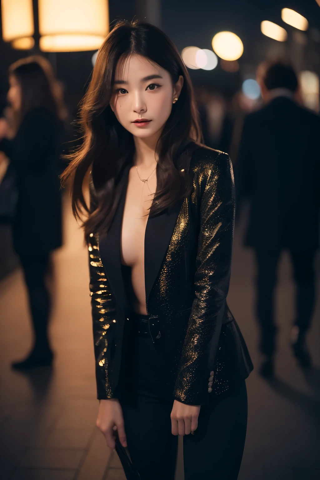 (masterpiece,best quality, 8K, 32k, nffsw: 1.2), Photos of beautiful Japanese women, Long hair、 Vision、Delicate face、Tokyo night scene detail、High-end、Adult women、Suit Beauty、Black tights、walk