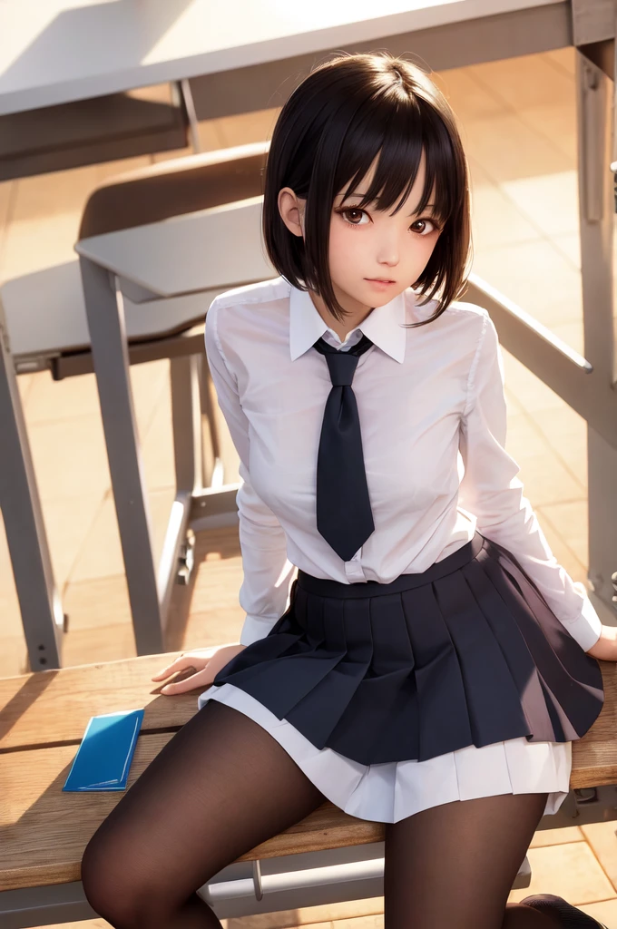masterpiece, best quality, ultra-detailed, illustration, colorful, falt color, depth of field, lens flare,
1girl, anime, sitting, black hair, looking at viewer,school, classroom, pleated miniskirt , school uniform, serafuku, black pantyhose, detailed skin texture, detailed cloth texture, beautiful detailed face,