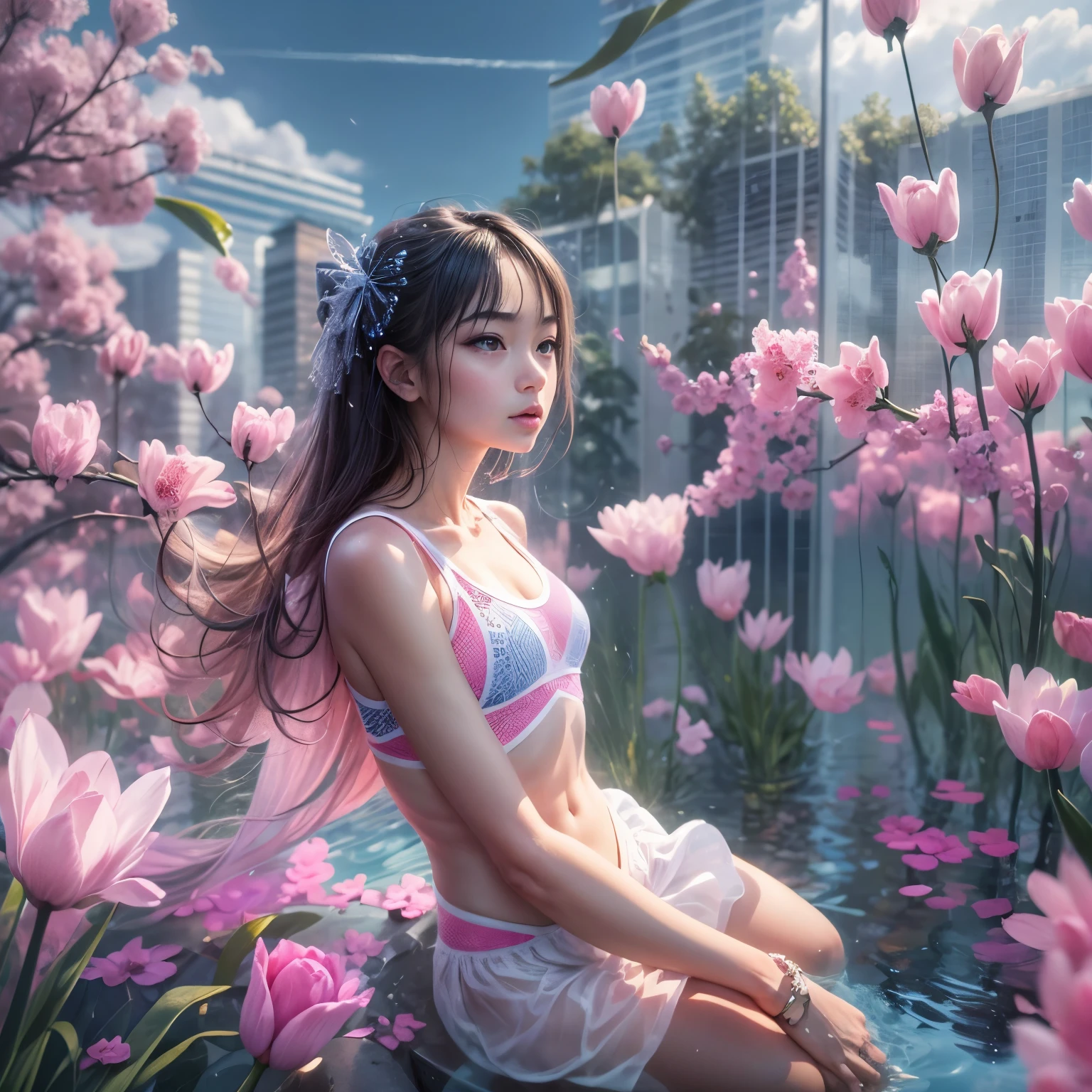 280th floor infinity pool,The tallest building in the urban forest, {Around bonsai|Luo Han Song|coconut palms|tulips|Rose flower}, ExtermlyDetaild(ProfessionlPhoto of Girl floating in the sky:1.37)(Masterpiece 8K TopQuality:1.2), ExtremelyDetailed KAWAII face Eyes{ElaboratePupils with (SparklingHighlights:1.28)|DoubleEyelids with (Voluminous LongEyelashes:0.88)|RosyCheeks} BREAK Detailed impeccable Radiant PearlSkin with Transparency (Skinny SchoolSwimwear:1.37) beautiful graceful {HiddenHand|Corrected BabyLikeHand} (Whole Body Proportions and all limbs are Anatomically Accurate)