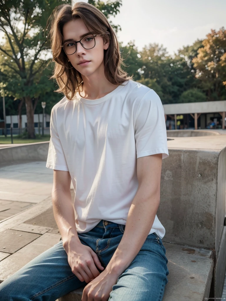 1 age white boy, detailed eyes, curly brown hair, pale smooth skin, sitting outdoors, black ripped skinny jeans, plaid shirt outerwear, t-shirt, looks like model, (best quality,4k,8k,highres,masterpiece:1.2),ultra-detailed,(realistic,photorealistic,photo-realistic:1.37),hyperrealistic, cinematic lighting, professional photography, natural setting, warm color tones, pale skin ultra realistic soft smooth skin, soft smile, wearing glasses, skater boy vibe, sitting at skatepark, handsome man, very handsome face, white boy with handsome face, shoulder length hair, perfect hands, perfect anatomy, realistic full body, realistic, white pale skin,cute face