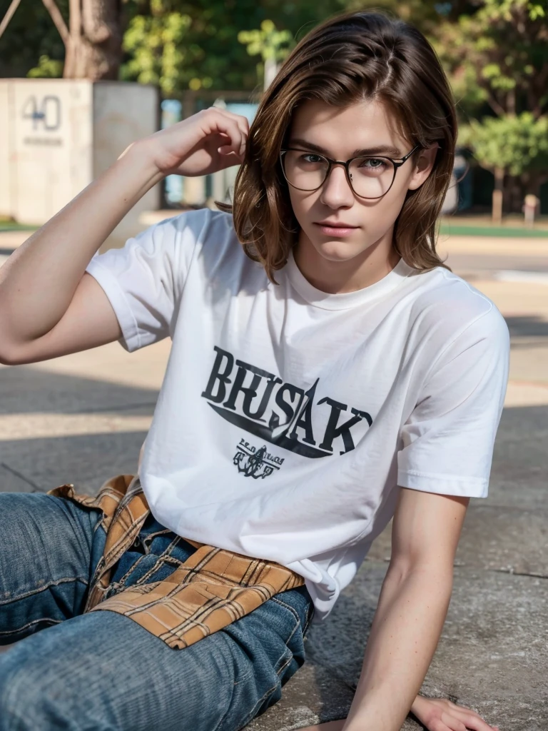 1 teenage white boy, detailed eyes, curly brown hair, pale smooth skin, sitting outdoors, black ripped skinny jeans, plaid shirt outerwear, t-shirt, looks like model, (best quality,4k,8k,highres,masterpiece:1.2),ultra-detailed,(realistic,photorealistic,photo-realistic:1.37),hyperrealistic, cinematic lighting, professional photography, natural setting, warm color tones, pale skin ultra realistic soft smooth skin, soft smile, wearing glasses, skater boy vibe, sitting at skatepark, handsome man, very handsome face, white boy with handsome face, shoulder length hair, perfect hands, perfect anatomy, realistic full body, realistic, white pale skin,cute face