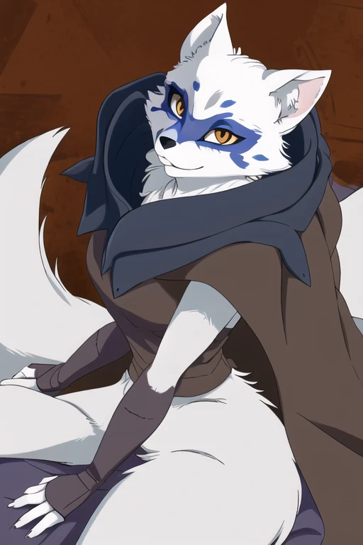 Alopex, arctic fox, furry, blue marks face, tmnt, smile, orange eyes, girl1, solo, bedroom, brown cloak, black bandage, best quality, masterpiece, overview angle shot