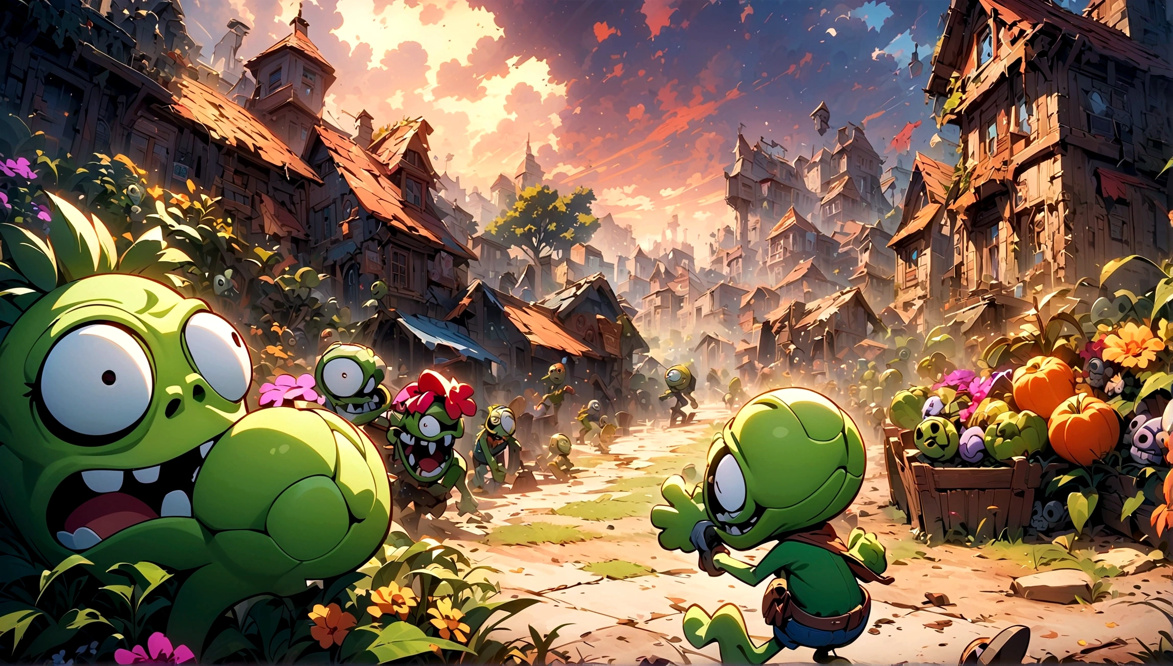 masterpiece, top quality, best quality, official art, beautiful and aesthetic, game poster, Plants vs. Zombies, text saying "Plants Vs Zombies",extremely detailed
