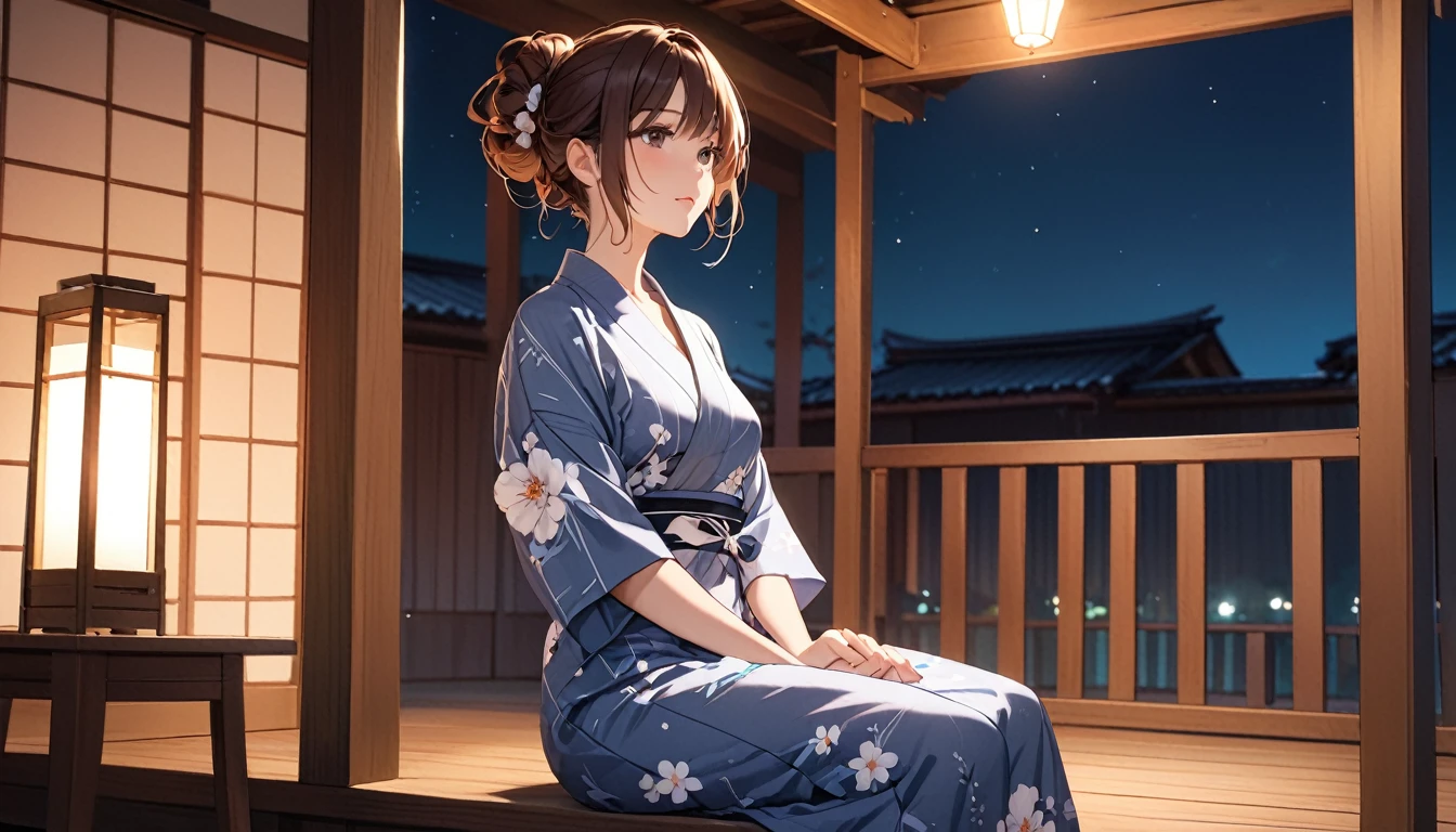 (Highest quality), girl sitting on the porch,Brown Hair,Hair tied up,yukata,night