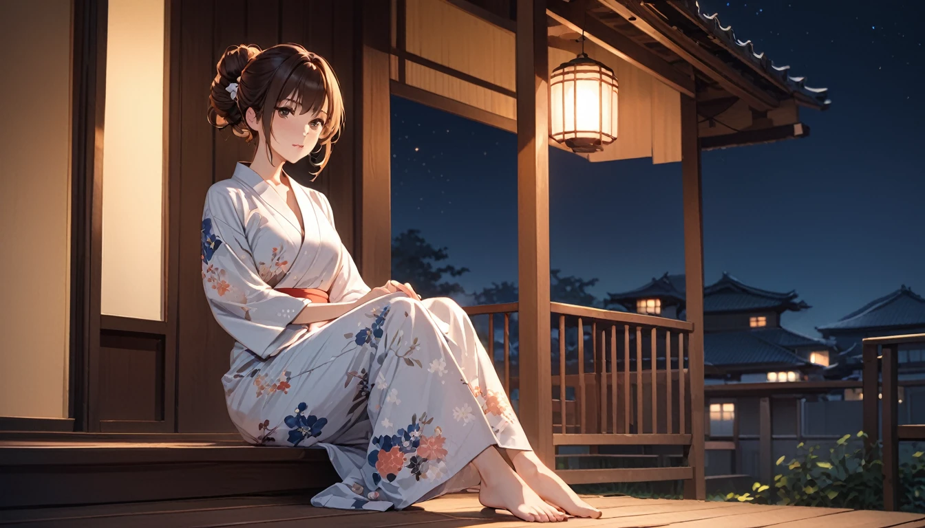 (Highest quality), girl sitting on the porch,Brown Hair,Hair tied up,yukata,night