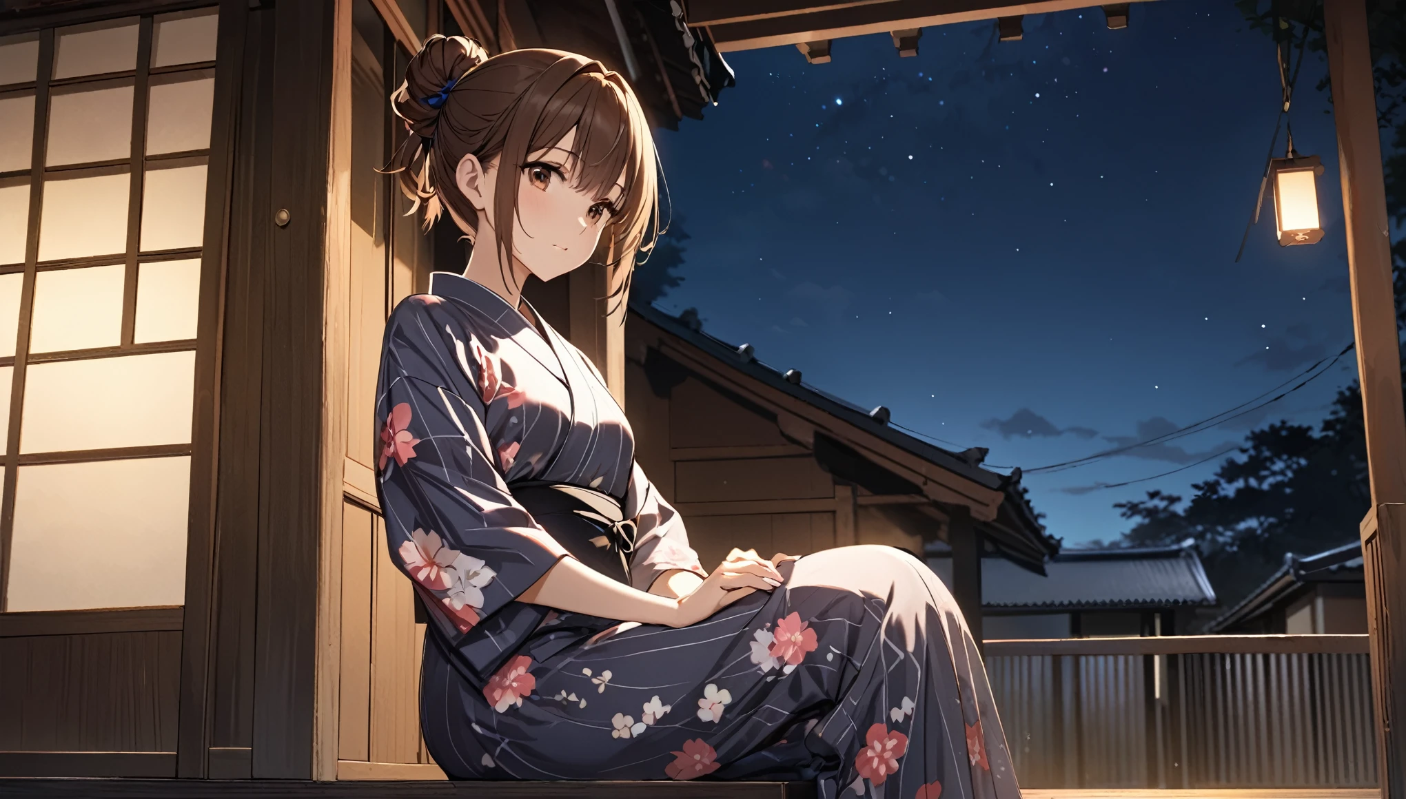 (Highest quality), girl sitting on the porch,Brown Hair,Hair tied up,yukata,night