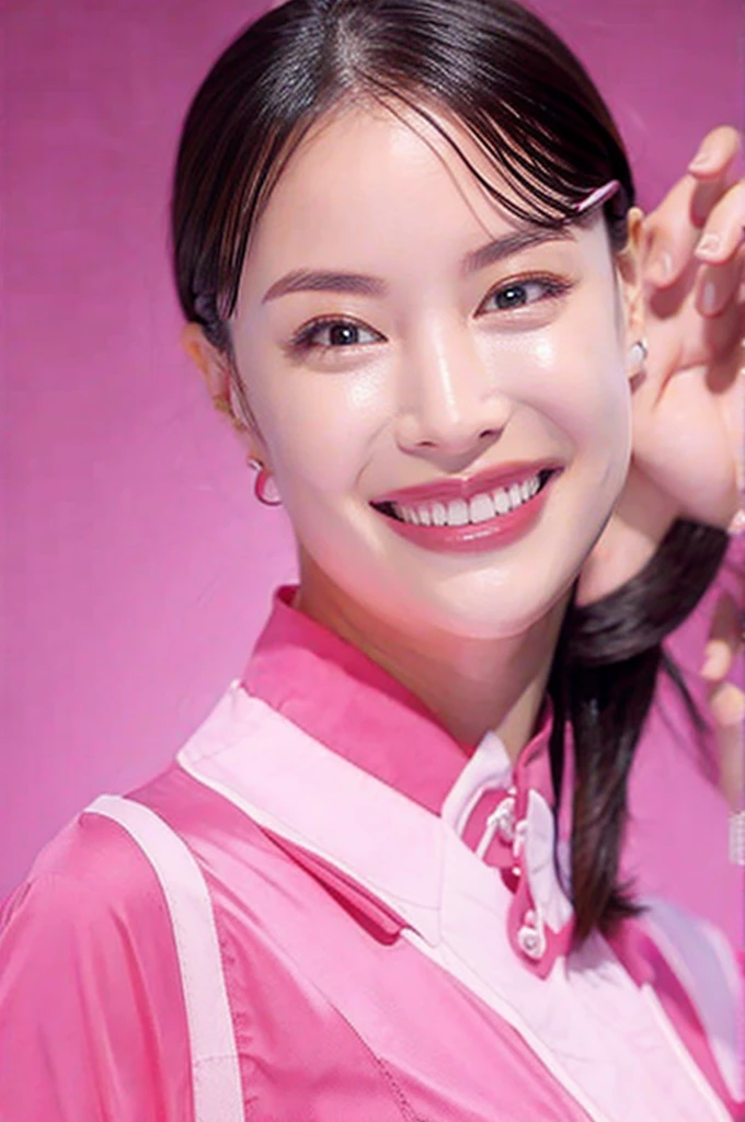 Dental hygienist wearing pink medical scrubs Pink Short Sleeve high resolution Highest quality Upper body close-up