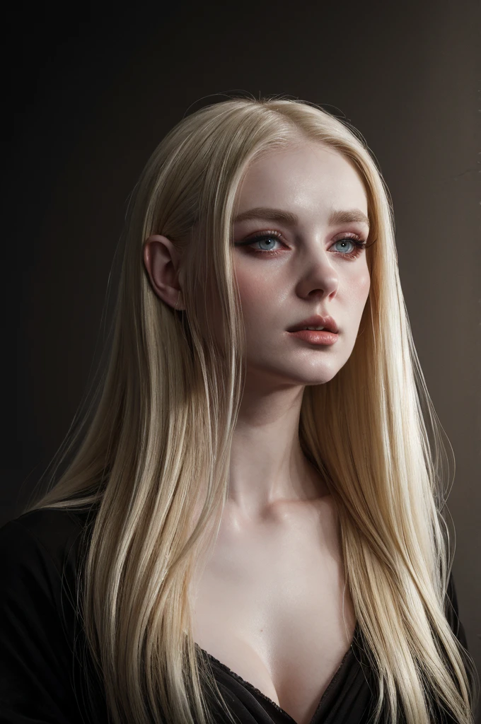 painting of hot woman pretty ,slick-blonde-back hair ,wearing black dress ,slickback-hair, hairstyle,slick hair,big breast,white pale skin, soft,serge marshennikov,inspired by Albert Anker, inspired by Odd Nerdrum, inspired by Antoni Pitxot,black background, simple background , blur