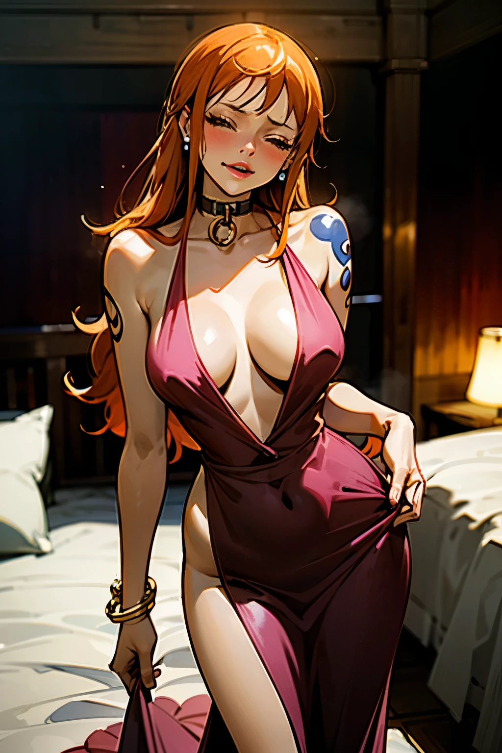 masterpiece, best quality, ultra-detailed, 1girl (namiop, sexual slavery of old man,Big and pretty breasts,naked body, jewelry, earrings, dog collar(chains), orange hair,long hair, brown eyes, half-closed eyes), a shallow face, wicked smile, pink lipstick, soft makeup, parted lips, facing viewer, looking at viewer, solo, nude, see-through dress, long dress, cleavage, sideless, wanostyle, in the bedroom, slave , standing, Sexy waist teasing, come-on, lure
