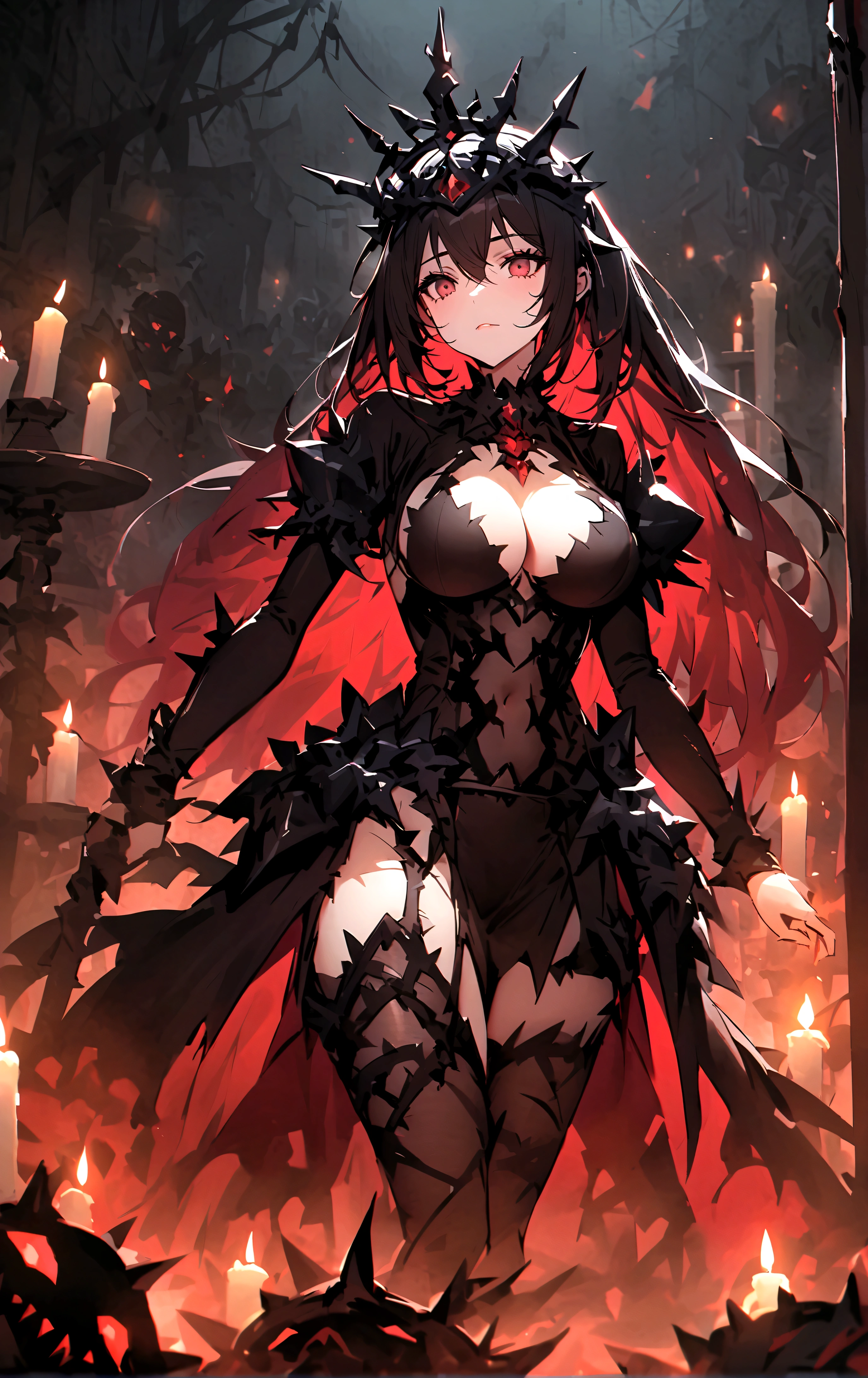 Queen，(Sexy women)，Dark Abyss, Crown of thorns，((sunder碎衣服))，sunder，((Thorn rose))，sunder碎的墓碑，Candle，Dark atmosphere，wasteland，only one person，night,Blood