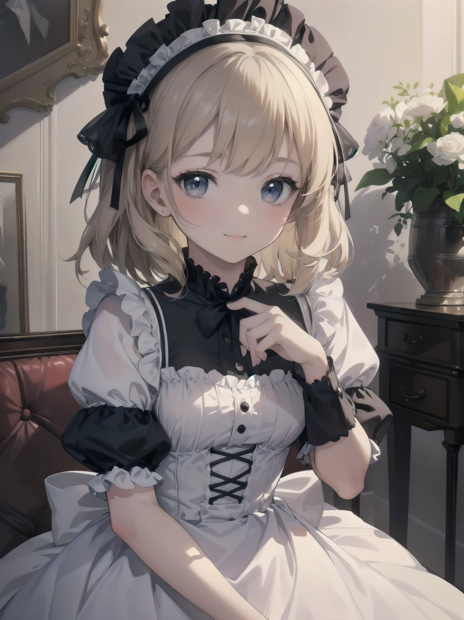 (Highest quality、16K、masterpiece、Ultra-high resolution、Victorian era、Photorealistic:1.2)、A delicate Lolita girl, aged 13、Cute pose of a lolita maid、This 16K masterpiece of illustration beautifully captures the essence of Victorian elegance in a meticulously framed shot. Charming girl Solo radiates sexual allure. Her bright smile lights up the scene as if radiating from within. The pop design and the cuteness that oozes from the details are reminiscent of the best of the animated illustrators of the 2022s.