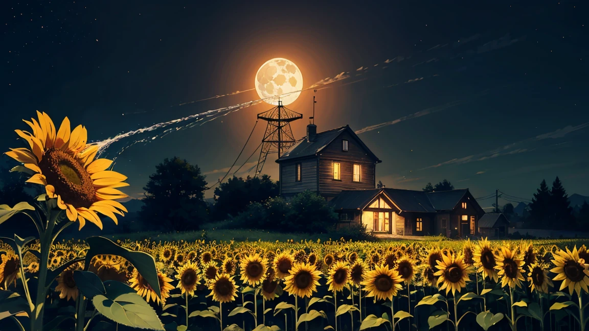 A detailed painting of a rusty, vintage robot watering a sunflower at night under a full moon. The scene is set in a tranquil, slightly eerie countryside with a small, old house and a distant antenna tower in the background. The robot, with glowing eyes, carefully tends to the flower, highlighting a contrast between technology and nature.