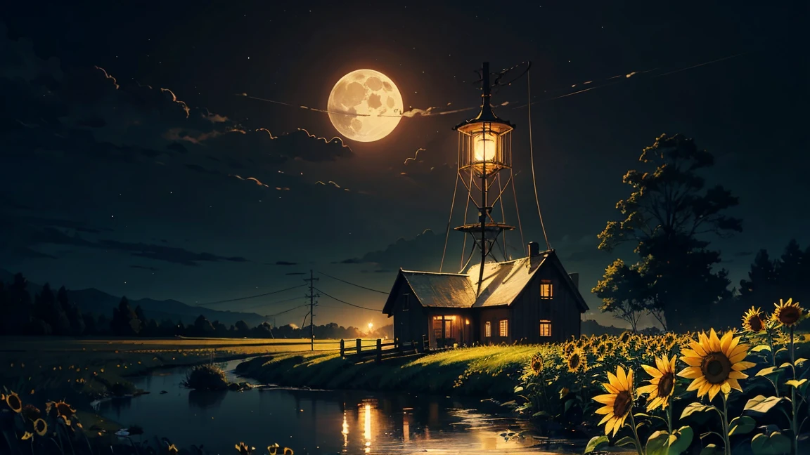 A detailed painting of a rusty, vintage robot watering a sunflower at night under a full moon. The scene is set in a tranquil, slightly eerie countryside with a small, old house and a distant antenna tower in the background. The robot, with glowing eyes, carefully tends to the flower, highlighting a contrast between technology and nature.