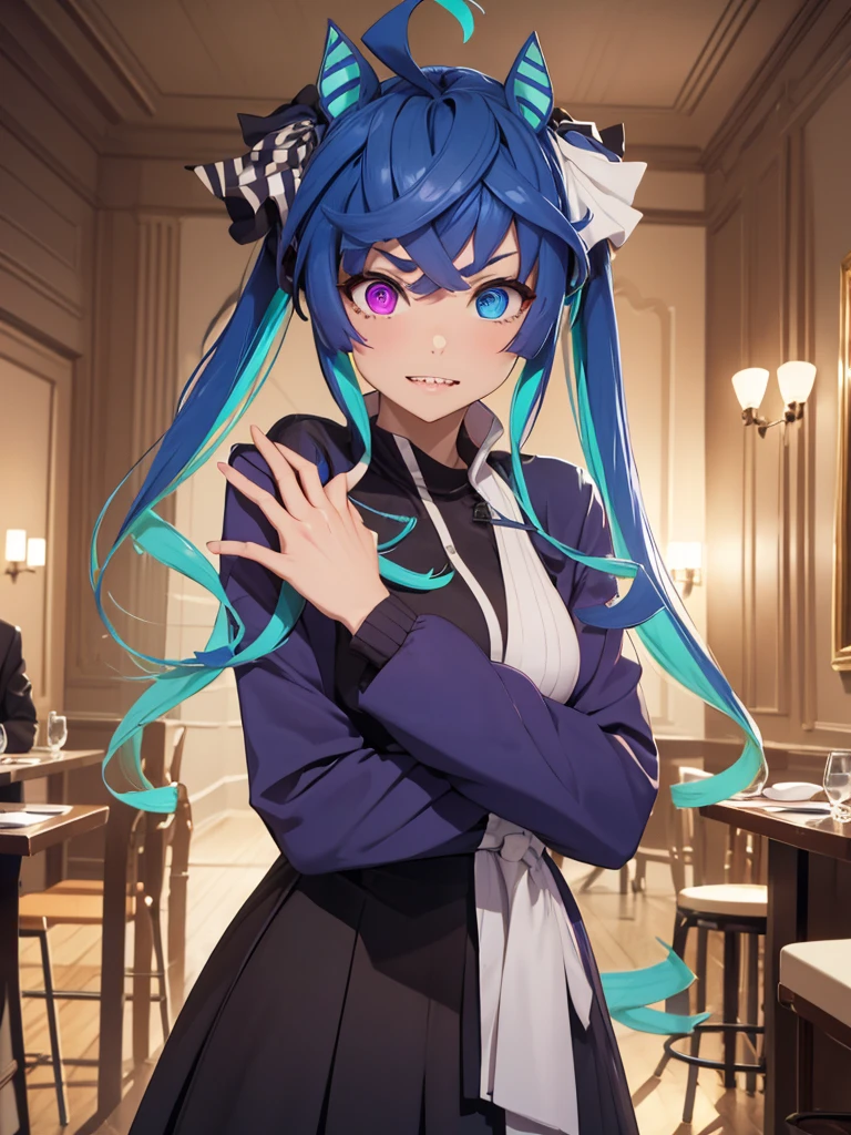 (masterpiece、top-quality、hight resolution), A meeting scene set up through a dating site. The protagonist is surprised to see a kind and elegant married woman approaching him. She is dressed in fine, sophisticated clothing, smiles warmly, and addresses the protagonist using her dating site username. They are in a cozy café or park. There is a sense of unexpectedness and the awkwardness of being about to be raped by this person. nsfw, Twin_Turbo_Umamusume, aqua hair, twintails, heterochromia, purple eyes, blue eyes, sharp teeth,