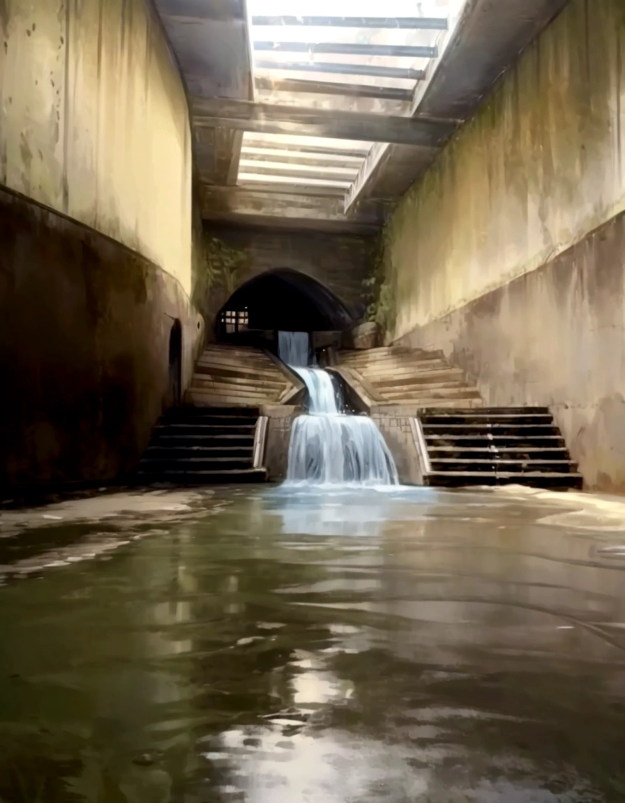 There is a small waterfall coming out of a tunnel into the water, water flowing through the Sewage, Sewage, Sewage pipe entrance, Sewages, Brutal waterfall environment, by Carl Rahl, The river is flowing on its way, Drain storm, Water flowing down the walls, Real life river, Inside a waterfall, The winding waterway, The river is below