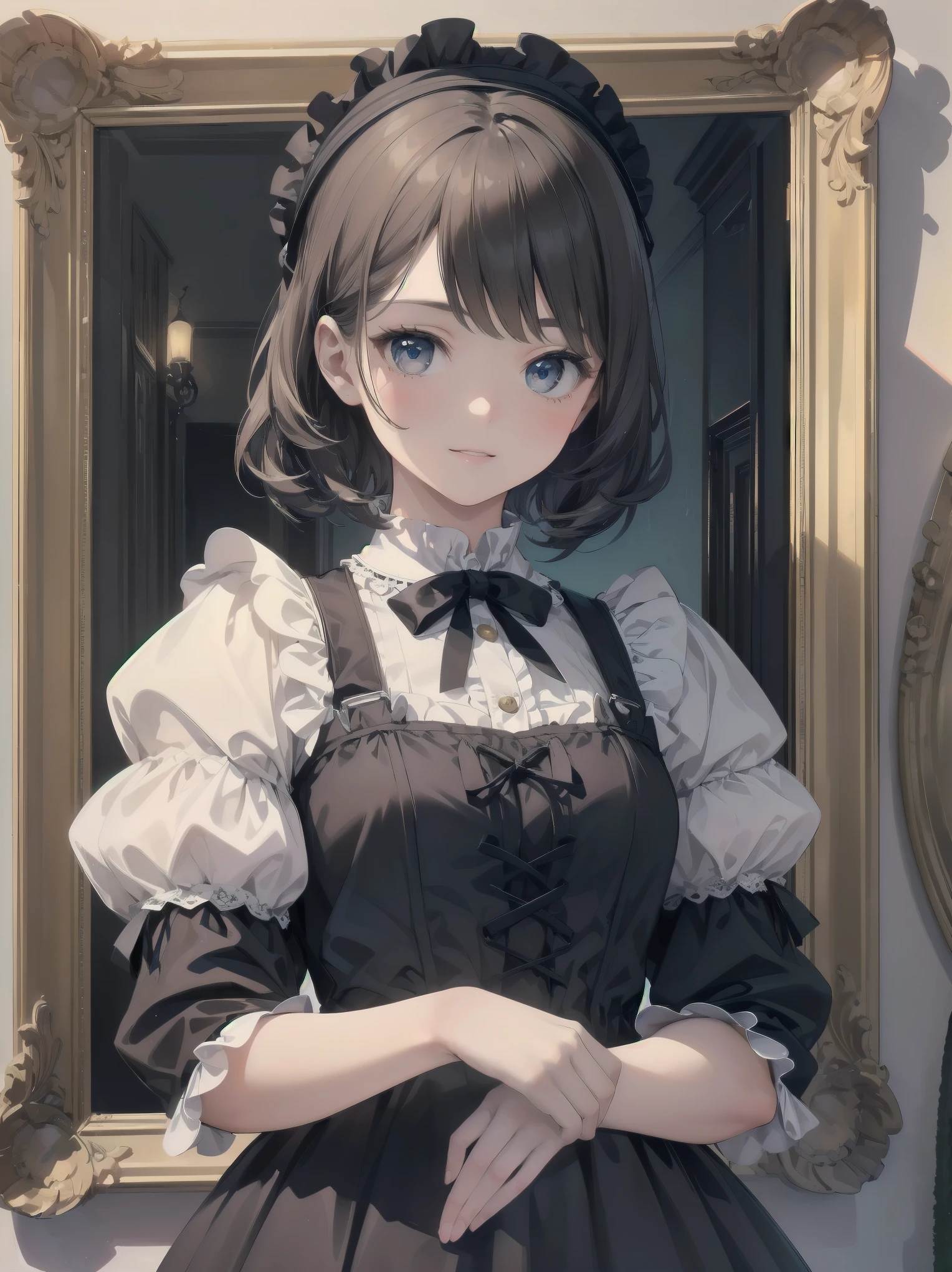 (Highest quality、16K、masterpiece、Ultra-high resolution、Victorian era、Photorealistic:1.2)、A delicate Lolita girl, aged 13、Cute pose of a lolita maid、This 16K masterpiece of illustration beautifully captures the essence of Victorian elegance in a meticulously framed shot. Charming girl Solo radiates sexual allure. Her bright smile lights up the scene as if radiating from within. The pop design and the cuteness that oozes from the details are reminiscent of the best of the animated illustrators of the 2022s.