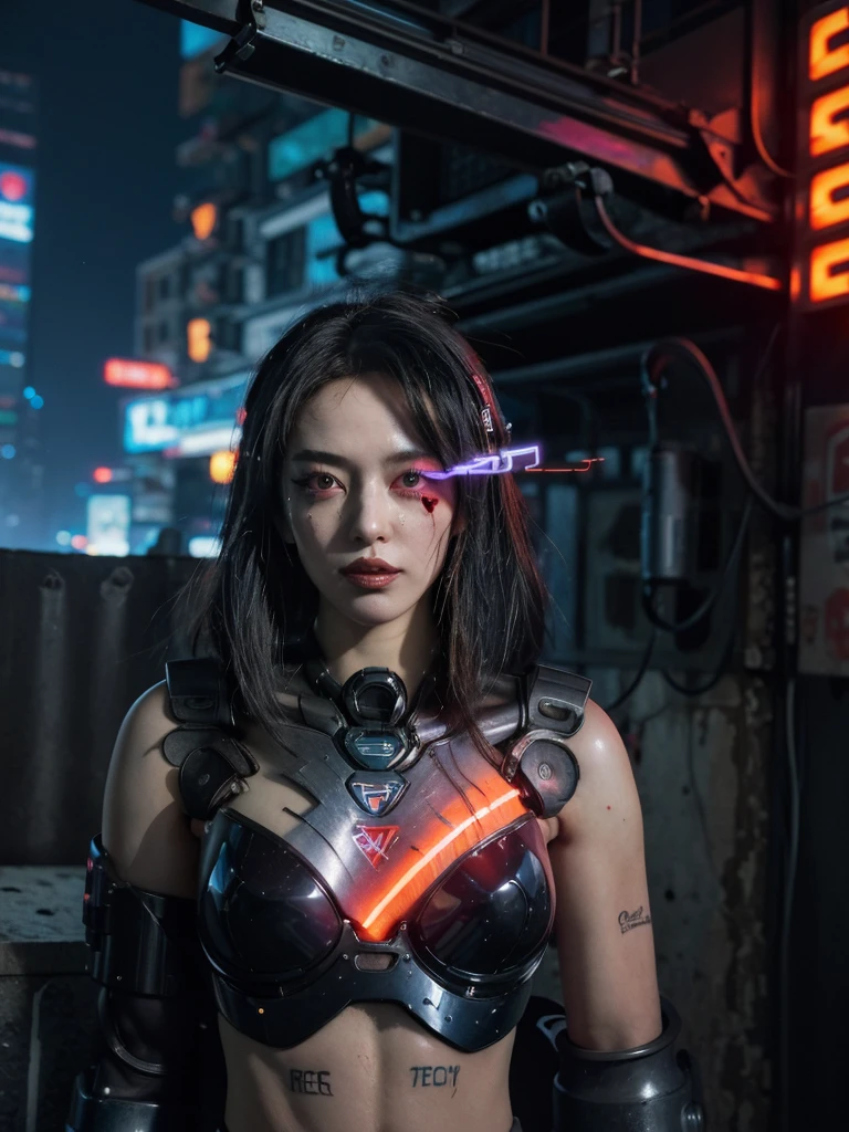 (best quality, masterpiece:1.2), cyberpunk, vulgar, nasty cyborg woman under repair, flaming eye, robots, lovedoll, face, sex shop, neon lights, dystopian cityscape, dark alley, smoke, graffiti, body modifications
