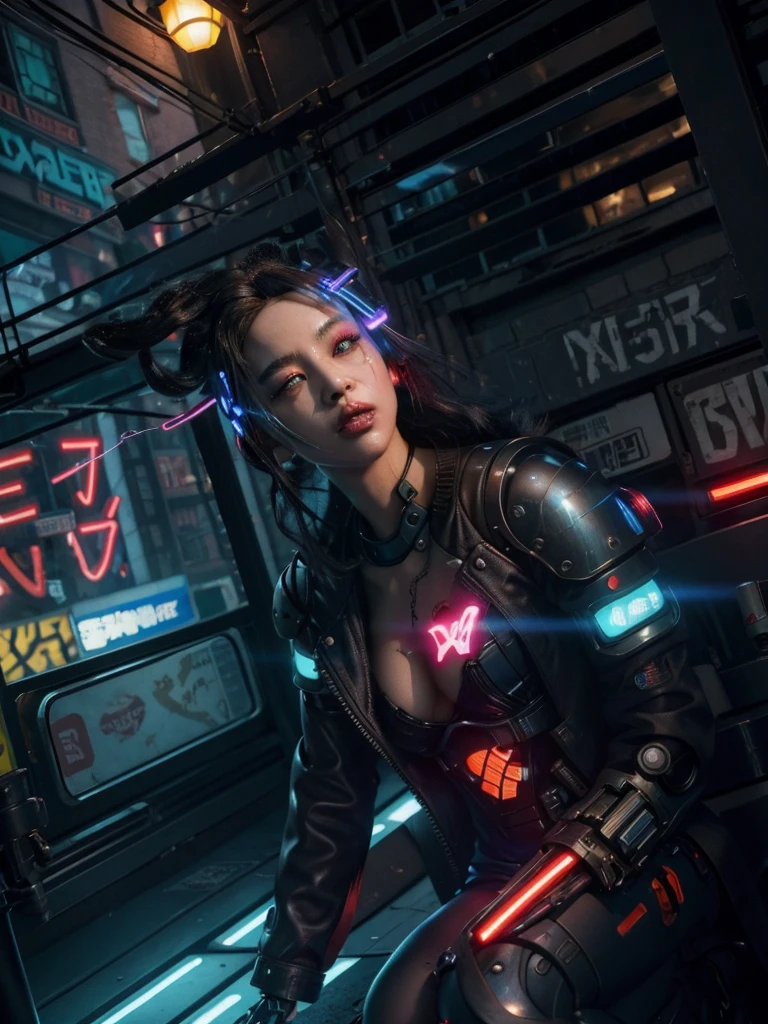 (best quality, masterpiece:1.2), cyberpunk, vulgar, nasty cyborg woman under repair, flaming eye, robots, lovedoll, face, sex shop, neon lights, dystopian cityscape, dark alley, smoke, graffiti, body modifications