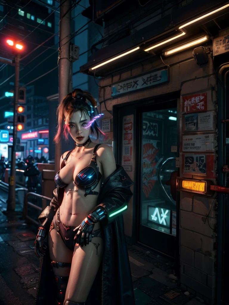 (best quality, masterpiece:1.2), cyberpunk, vulgar, nasty cyborg woman under repair, flaming eye, robots, lovedoll, face, sex shop, neon lights, dystopian cityscape, dark alley, smoke, graffiti, body modifications
