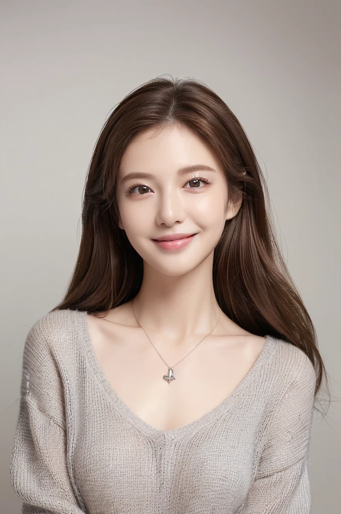 ((Highest quality、、masterpiece:1.5))、((Highlight the face:1.6))、(((One Girl)))、(((Brown hair short)))、((Slender body))、White skin、big gray eyes、Double、smile、V-neck sweater、necklace、(Detailed facial depiction)、(realistic hair texture)、(High definition skin texture)、(Backwards pose)