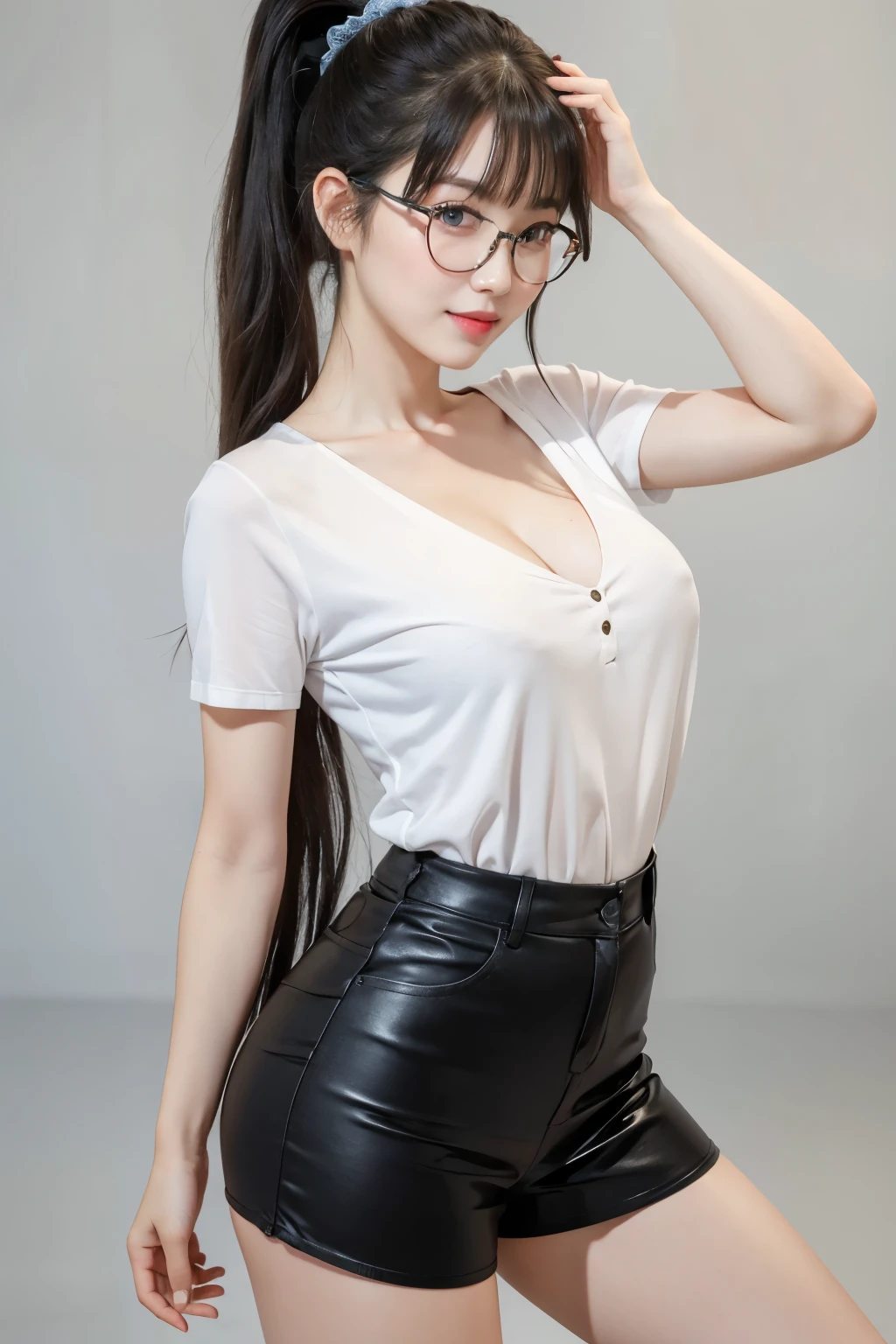 (Best quality, masterpiece, detailed), (RAW, 4k, hd images), shy, 1 girl, 17 years old, white skin, long hair, ponytail, layers hair, bangs, black hair, beautiful girl, cute girl, sweet girl, pretty girl, perfect girl, pretty eyes, blue eyes, thin lips, thin, (eye line, lip stick soft), perfect , glasses(detailed frame), office room, smile, thigh, office clothes, black short skirt